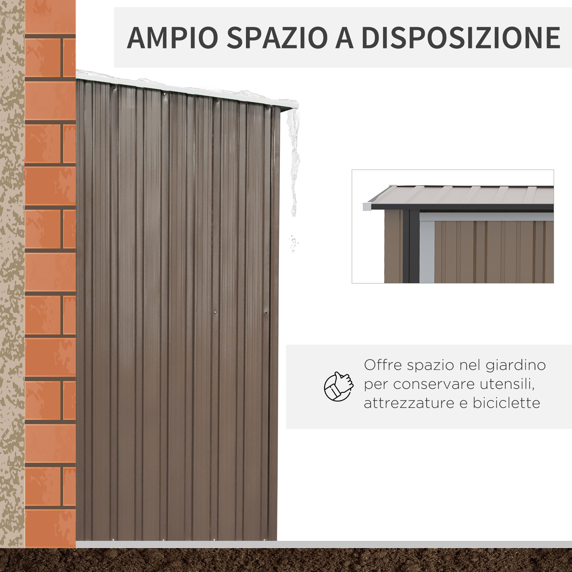 Outsunny Casetta da Giardino Porta Utensili in Lamiera di Acciaio 142x84x189cm Marrone