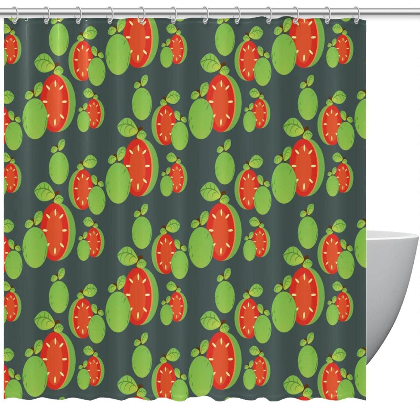 Rideau de douche avec crochets motif fruits verts goyave imperméable pour baignoire