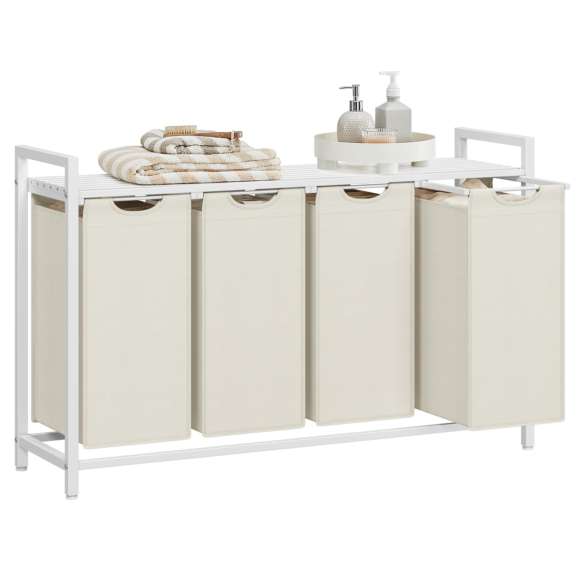  - Laundry Organizer4-Compartment BasketPull-Out Removable Laundry BagsShelfMetal FrameLaundry SorterWhite