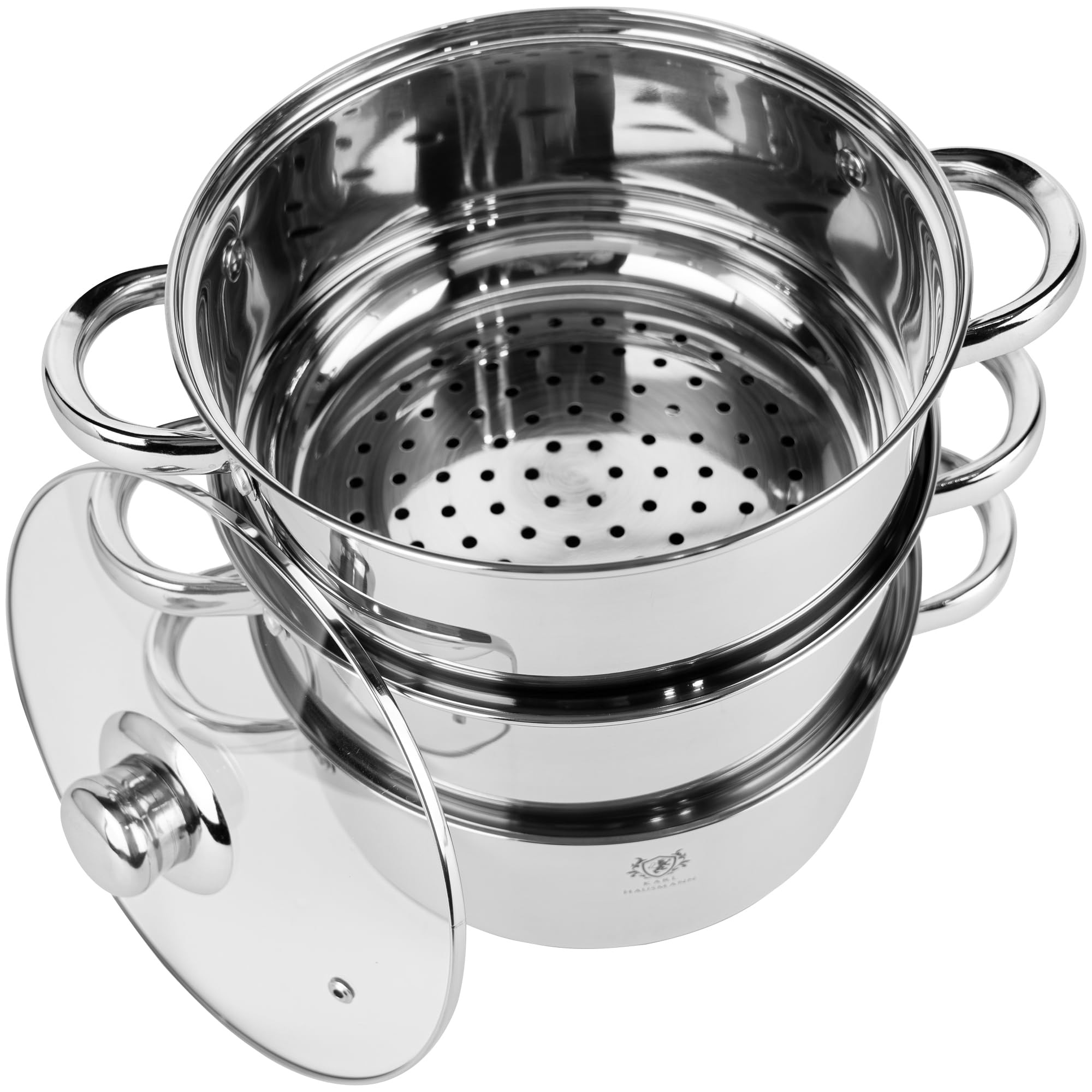 KARL HAUSMANN Cuiseur Vapeur 2,4L 18 cm - Cuit Vapeur Inox Pour Induction, Marmite Vapeur 3 Niveaux Avec Couvercle En Verre, Cuisson Vapeur Pour Légumes, Poisson, Raviolis Et Pommes De Terre