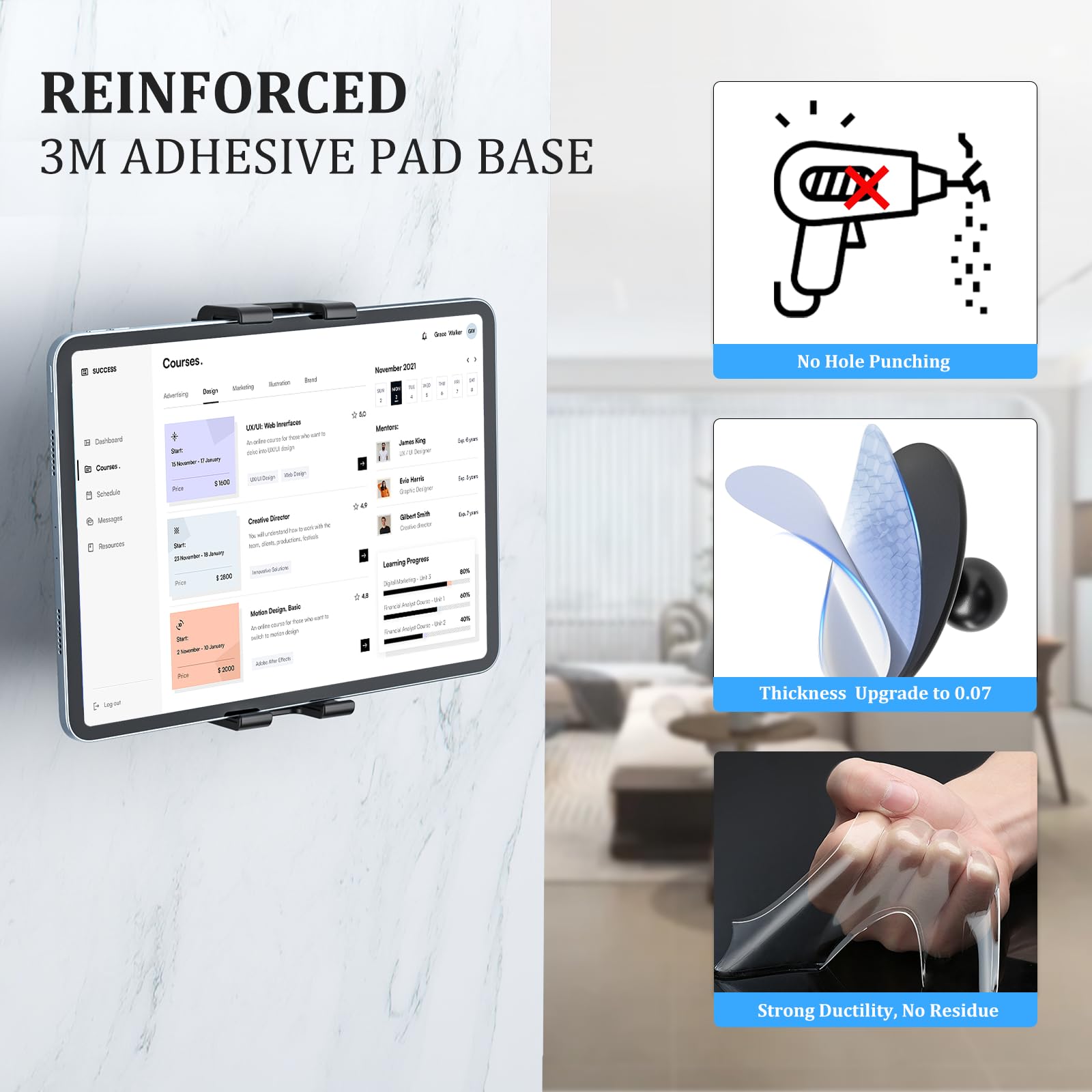 OHLPRO Uchwyt ścienny do tabletu z klejem 3M, uchwyt ścienny do iPada obracany o 360°, regulowany, uniwersalny szklany/kafelkowy ścian, kompatybilny z iPad Pro/Mini, Air, iPhone, Galaxy Tab, Kindle