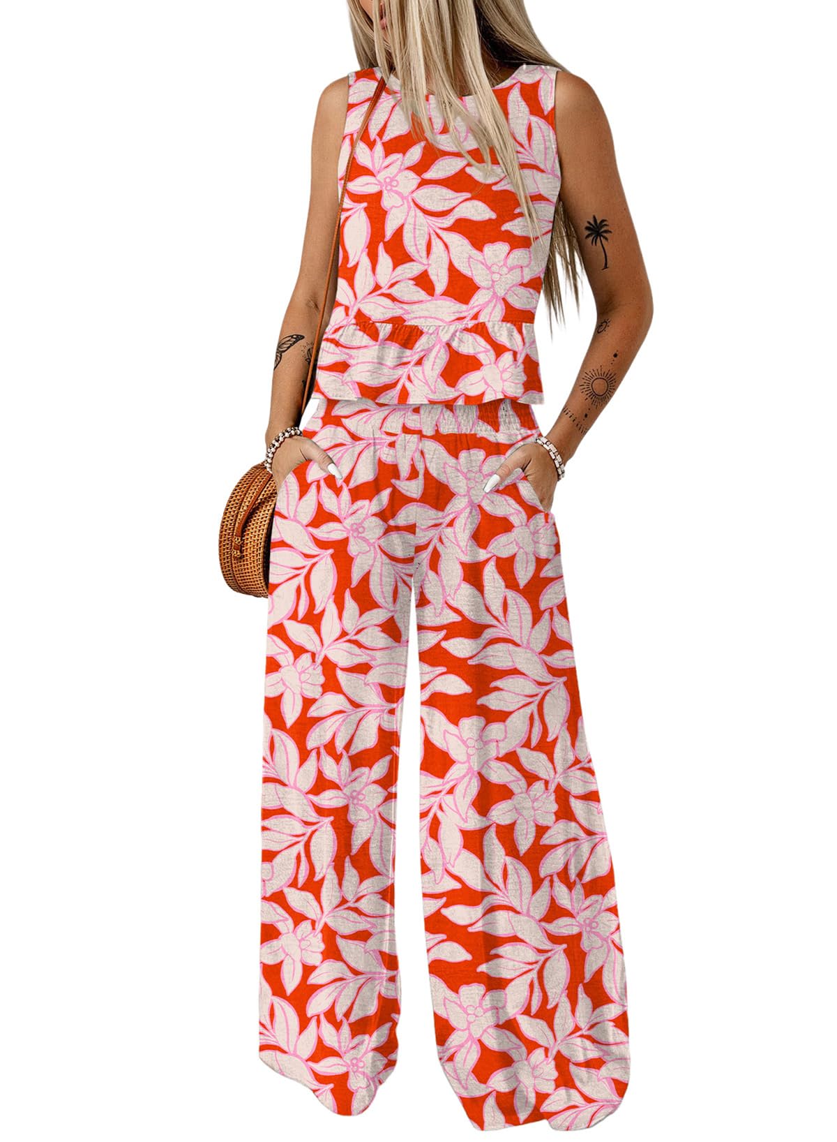 Dokotoo Womens 2 Piece Outfits Tank Tops Elastic Waist Wide Leg Pants Sets