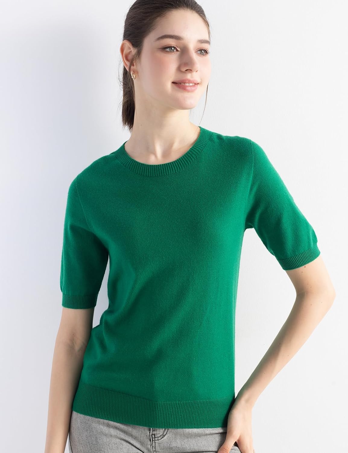 Women's Merino Wool Blend Sweater Fall Winter Crew Neck Short Sleeve First-Line Ready to Wear Seamless Knit Pullover - Image 3