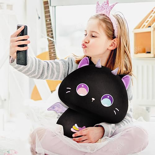 Miniatura 2 de Mewaii Peluche de hongo de 14 pulgadas, bonita almohada de felpa de gato negro suave, almohada esponjosa, animales de peluche morados, decoración de