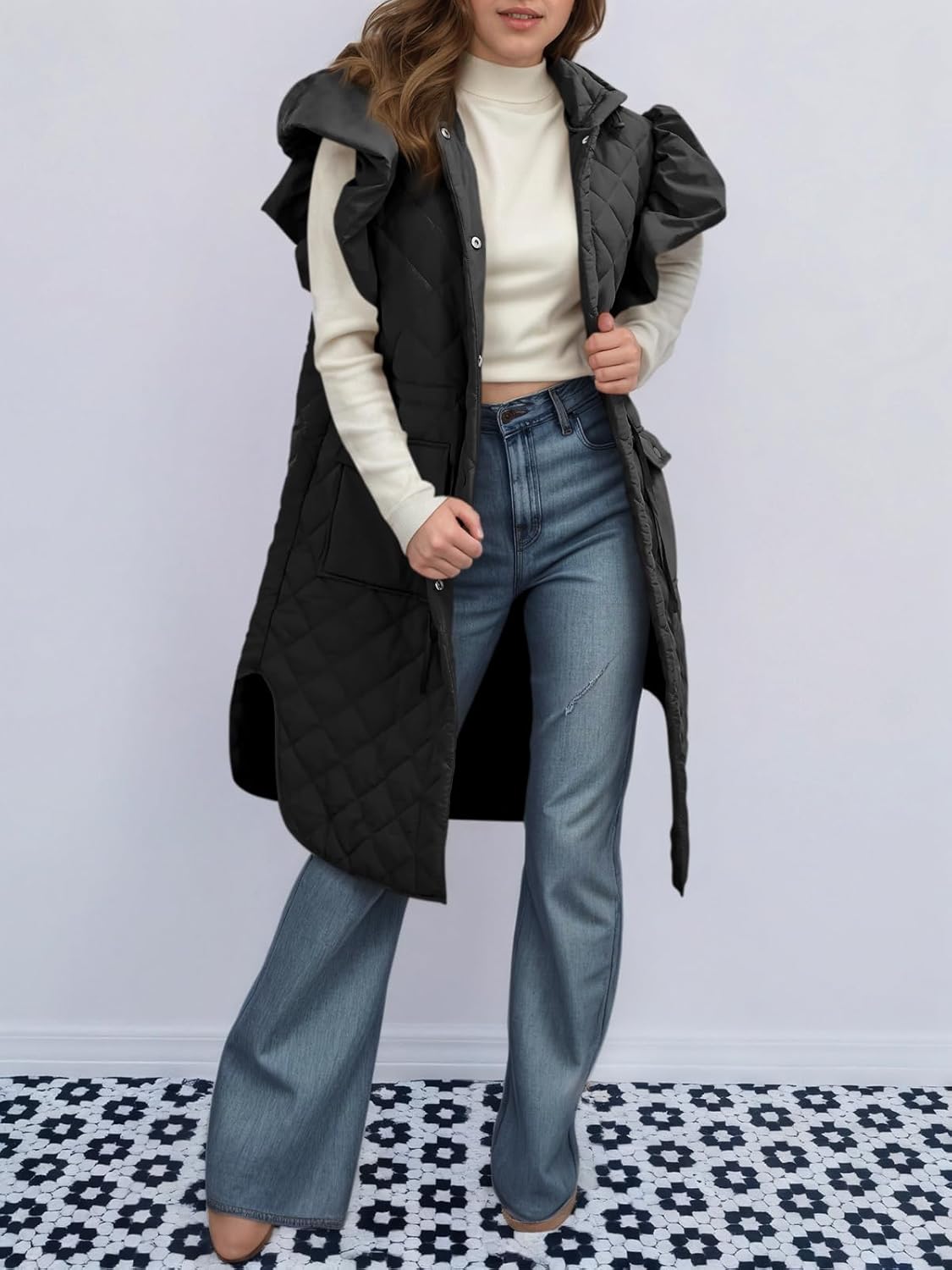 Tankaneo Womens Long Puffer Vest Ruffle Sleeve Winter Coats Hood Sleeveless Quilted Jackets Outwear - Image 4