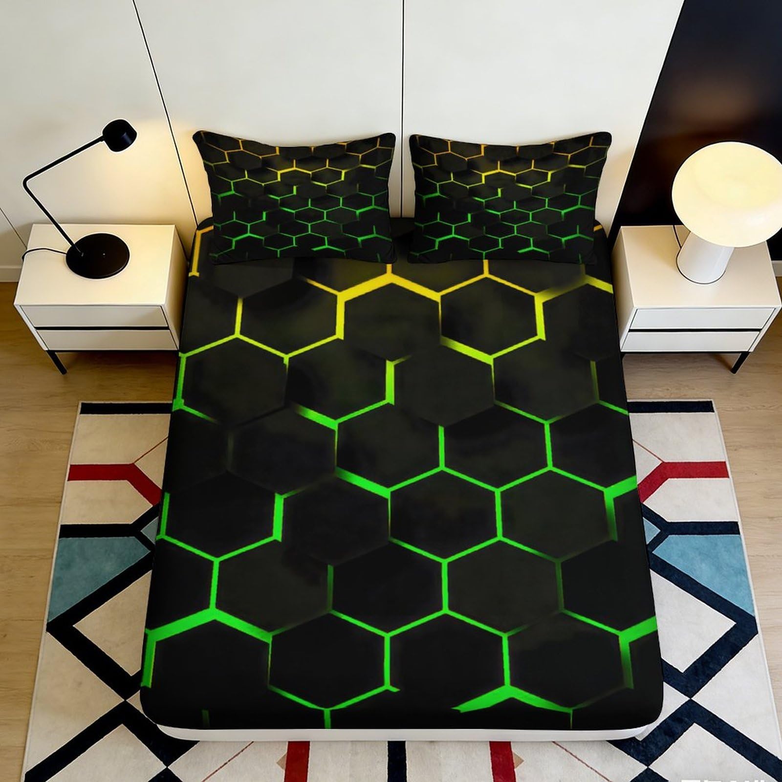 Pnayamiorkfel Style-4 3D Printed Neon Hexagon Fitted Sheet Microfiber Black Green Geometric Mattress Cover Bedroom Decor Machine Washable 90X200x25cm