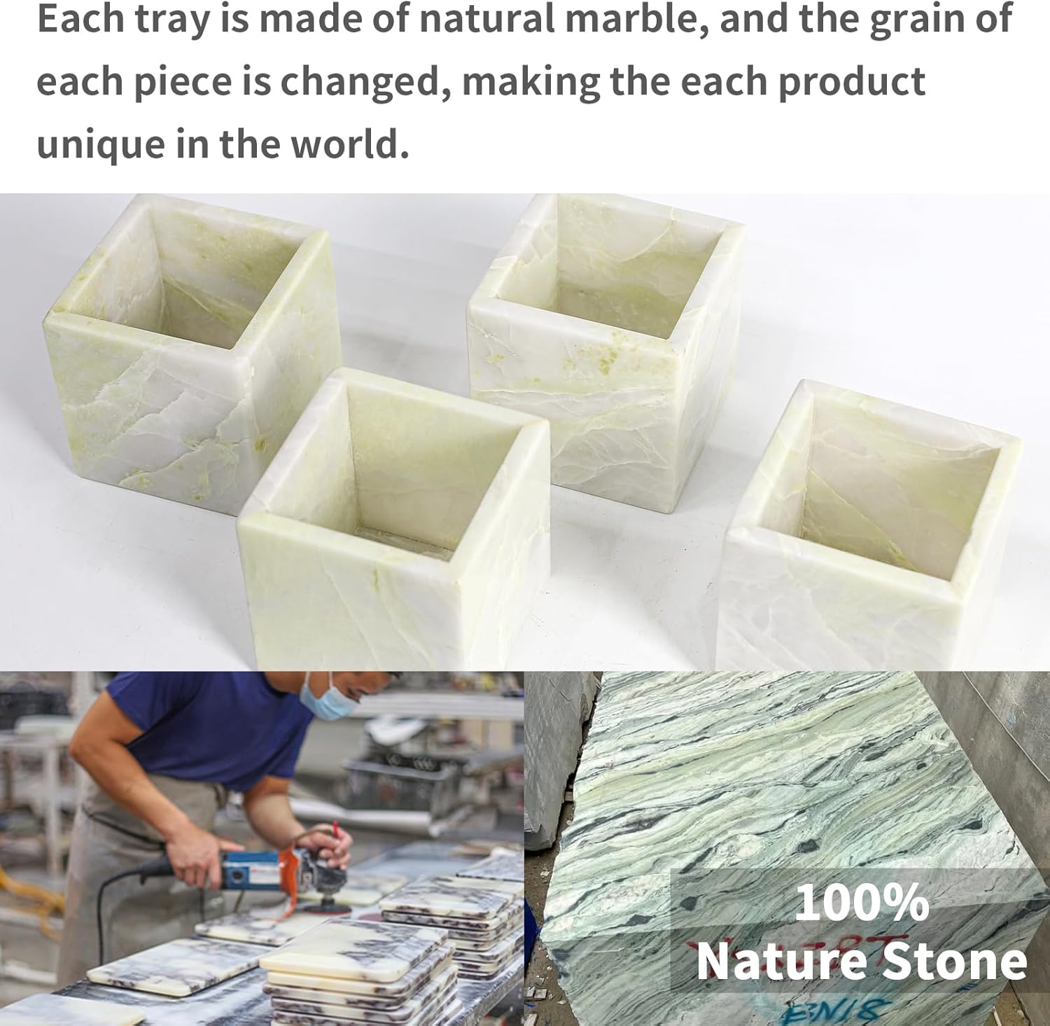 Natural Marble Makeup Brush Holder for Vanity, Toothbrush Holder for Bathroom, Luxurious Countertop Organizer, Green Bathroom Accessories Square