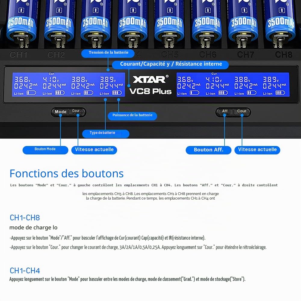 Chargeur de Batterie 18650 8 emplacements XTAR VC8 Plus 3 A Fast 21700 pour Batteries Liion 3,6 V et 1,2 V AA C avec Adaptateur Prise Britannique
