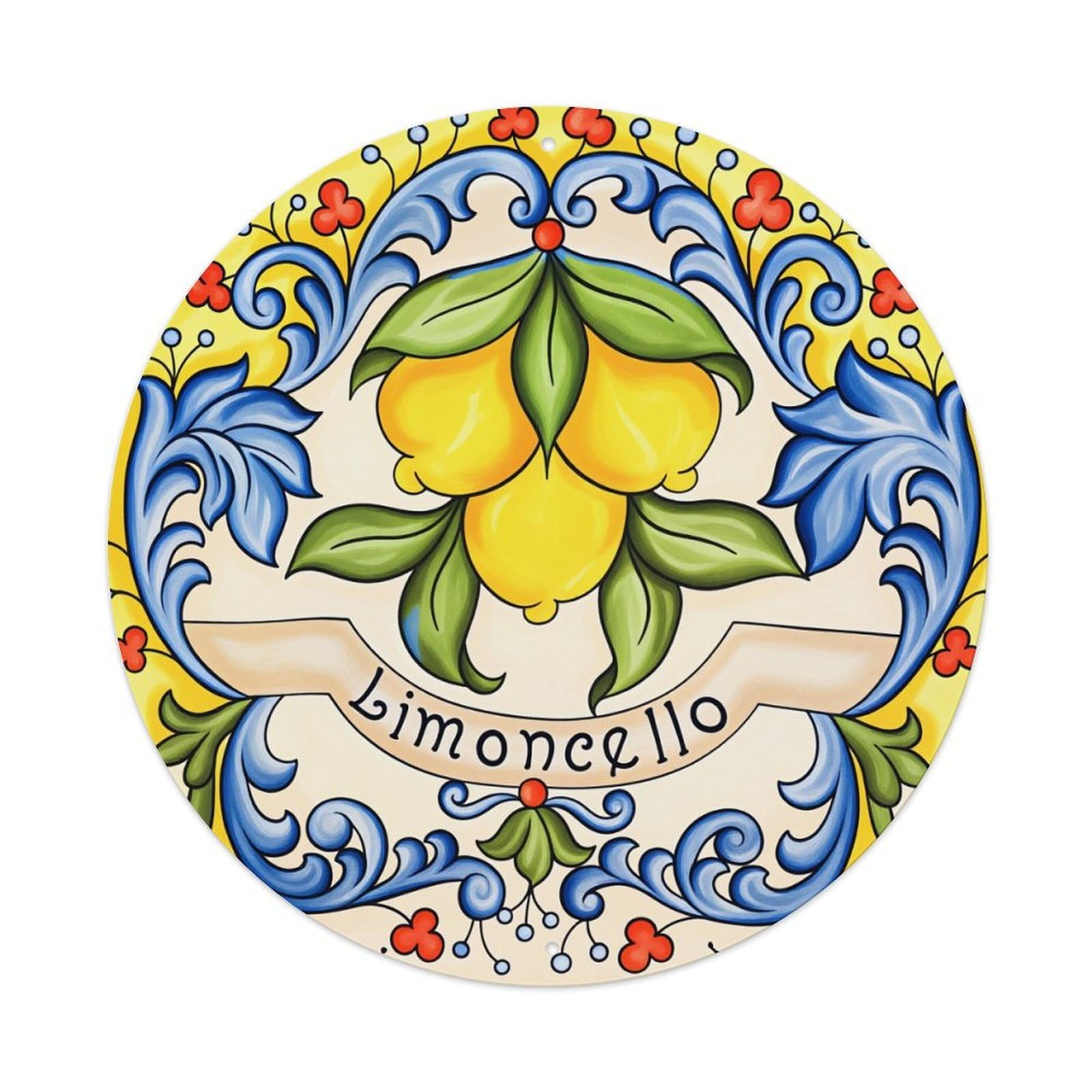 Ndieha Vintage Lemon Floral Blue Scroll Design Round Tin Sign Metal Poster Retro Bar, Home, Man Cave, Kitchen, Laundry Room Wall Art Decor Gift 8X8in