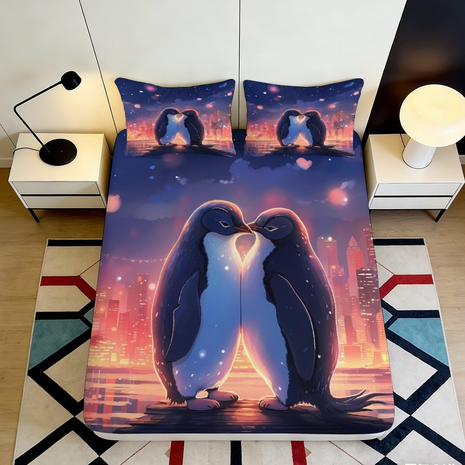 3D Printed Romantic Penguin Fitted Sheet Microfiber Soft Breathable Sunset Bed Sheet for Bedroom Dorm Mattress Protection Decor 90x200x25cm