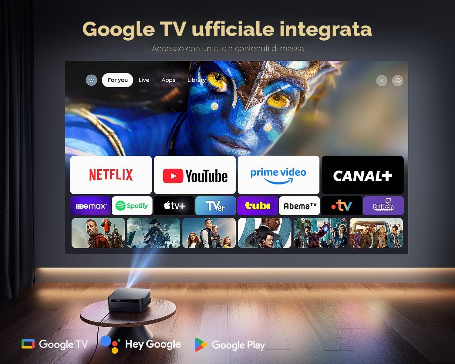 Videoproiettore 4K 【1600 ANSI/Google TV】 Auto Focus/Keystone Proiettore video diurno 4K WiFi Bluetooth FHD 1080P, APP Officille, Controllo Vocale, HDR10, Retroproiettore Home Cinema/Esterno Zoom 50%