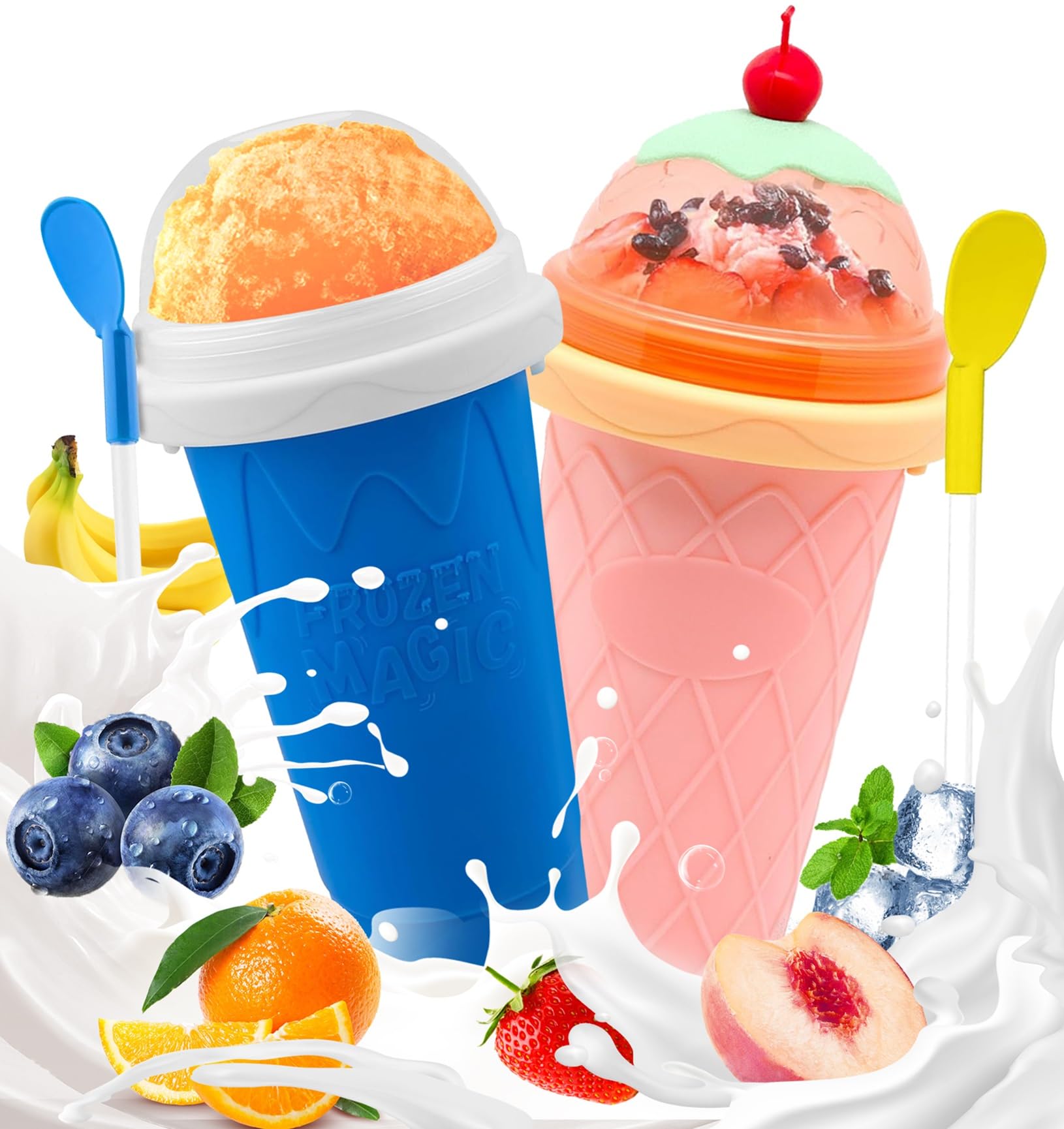 FANS-ONE Slushie Cup, 2PCS Slushy Cup DIY Magic Squeeze Cups(New Blue+Pink)