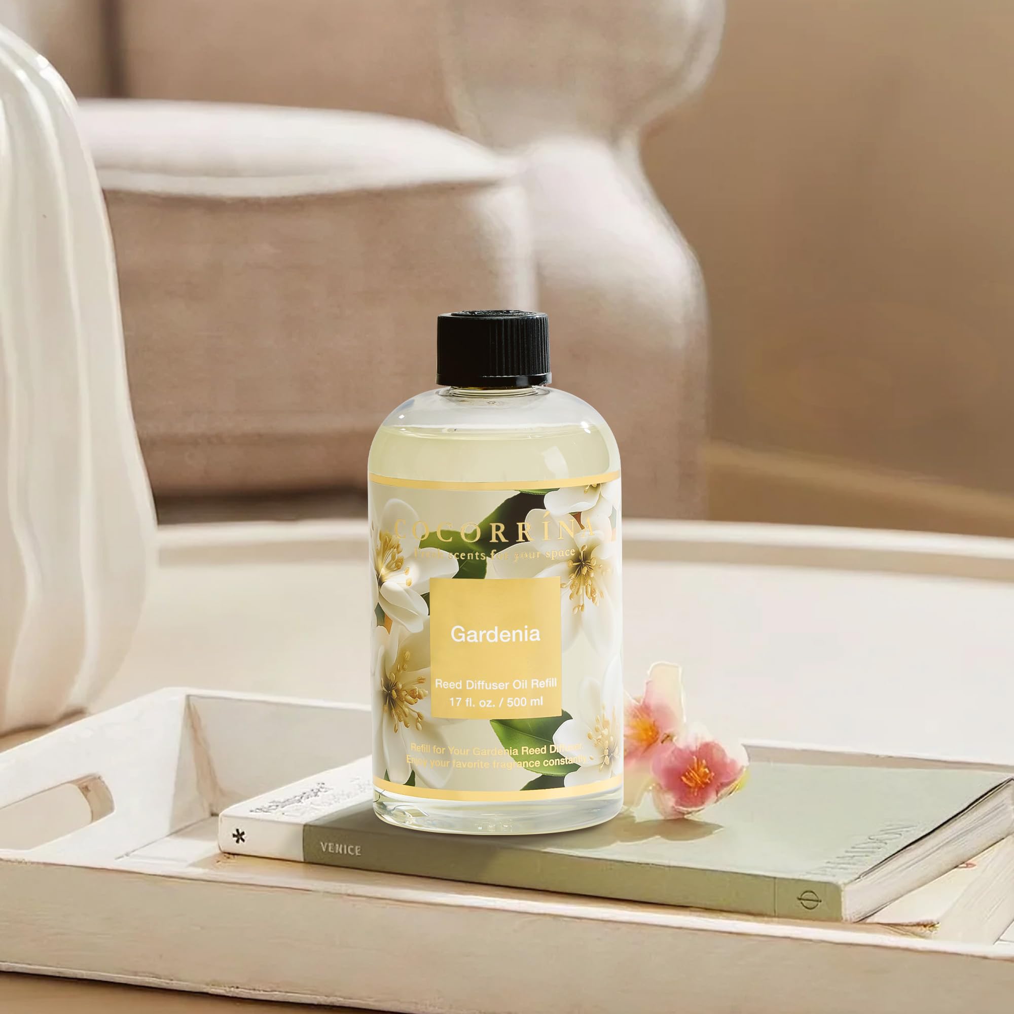 COCORRÍNA Ricarica Diffusore Ambiente 500ml con 8 Bastoncini, Gardenia, Profumo Lungo Durata con Oli Essenziali Naturali, Camera da Letto e Bagno