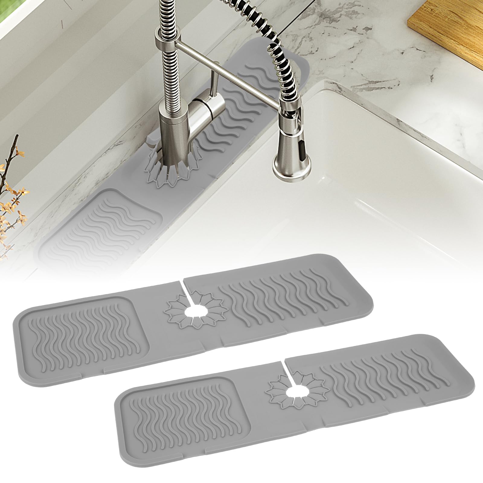 Tappetino in silicone per lavello da cucina, paraspruzzi, 76,2 x 14,5 cm, riutilizzabile, con manico antigoccia, vassoio di drenaggio rapido, tappetino pieghevole per lavello da cucina, bagno (grigio