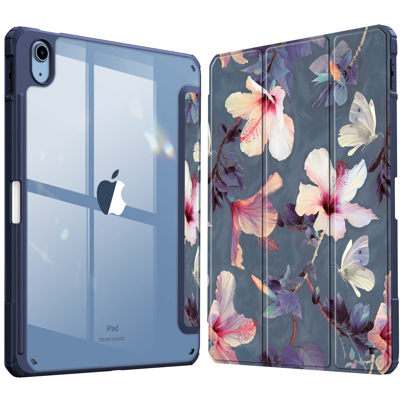 Fintie Hybrid Hülle für iPad (A16) 11 Generation 11 Zoll 2025, iPad 10 Generation 10.9 Zoll 2022 mit Stifthalter - Stoßfeste Schutzhülle mit transparenter Hartschale auf der Rückseite, Hibiskus