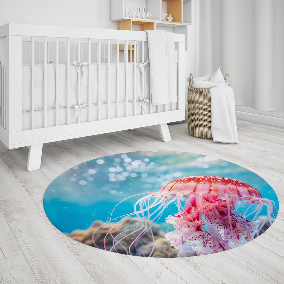 200 cm (okrągłe) okrągłe dywaniki do salonu dywan meduza w niebieskim oceanie zmywalne dywany różowe życie morskie duże miękkie boho antypoślizgowe dywany podłogowe do jadalni