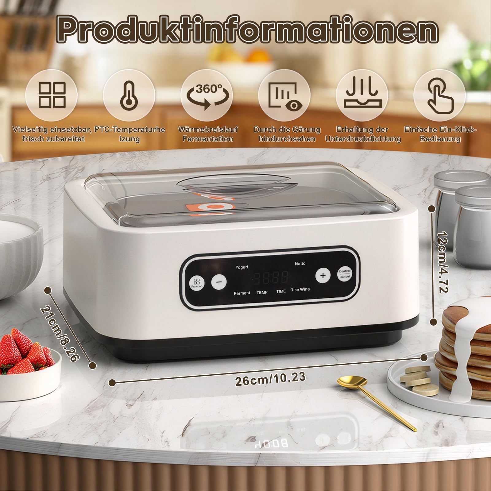 Joghurtbereiter mit einem 1,6-Liter-Edelstahleinsatz und 9 Glasbehälter à 100 ml, Abschaltautomatik & LCD-Display, Automatische Joghurtmaschine für DIY Joghurt, Käse-, Natto-Zubereiter