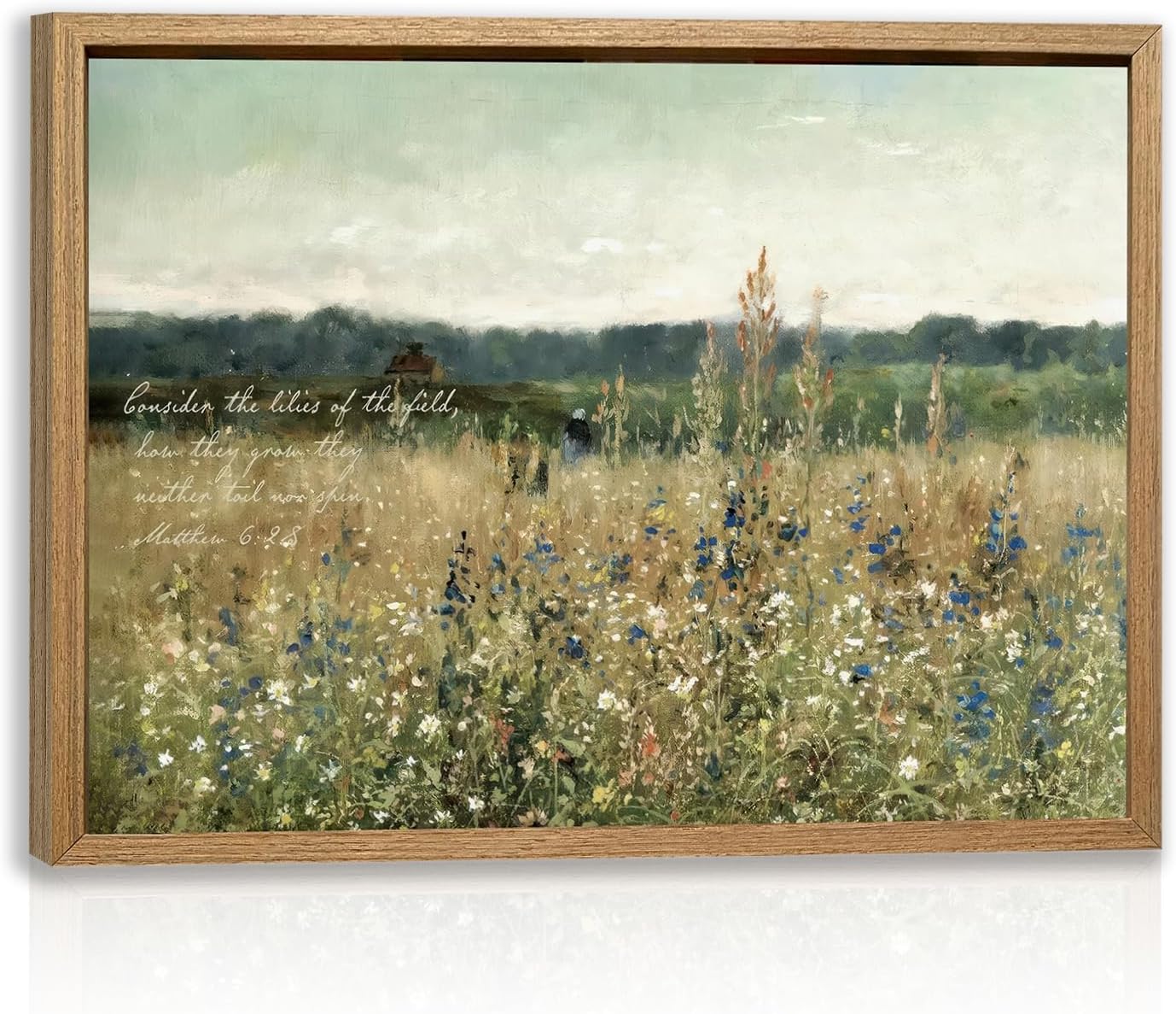 Cyebmo Christian Bible Verse Wall Art, Vintage “Consider the Lilies” Scripture Wall Decor, Rustic Wildflower Canvas Painting, Religious Jesus Artwork for Church Prayer Hospital Wood Framed 12″x16″