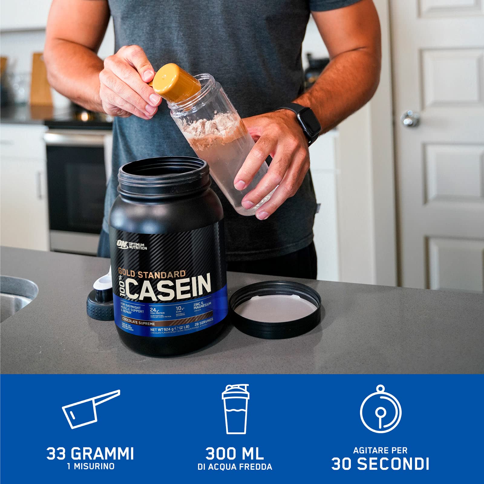 Optimum Nutrition Gold Standard 100% Casein Proteine di Caseina in Polvere a Rilascio Graduale Durante la Notte con Zinco e Magnesio Gusto Fragola 28 Porzioni 924g + Shaker