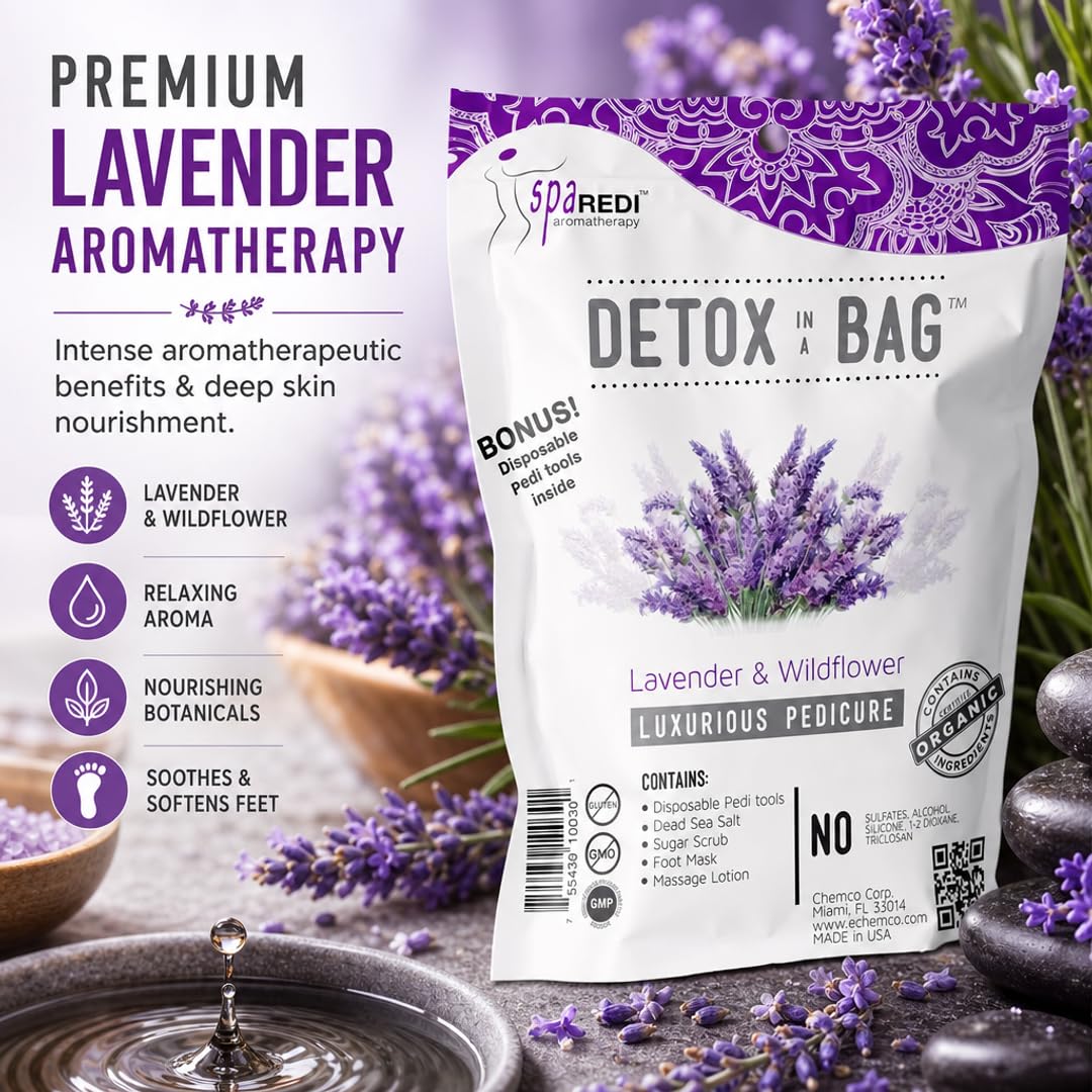 SPA REDI Detox Pedicure Foot Soak – Lavender Foot Soak for Callus Softening & Foot Fatigue Relief | Pre-Portioned TSA-Friendly Pack | DIY Pedicure Prep | Made in USA | 3.84 oz