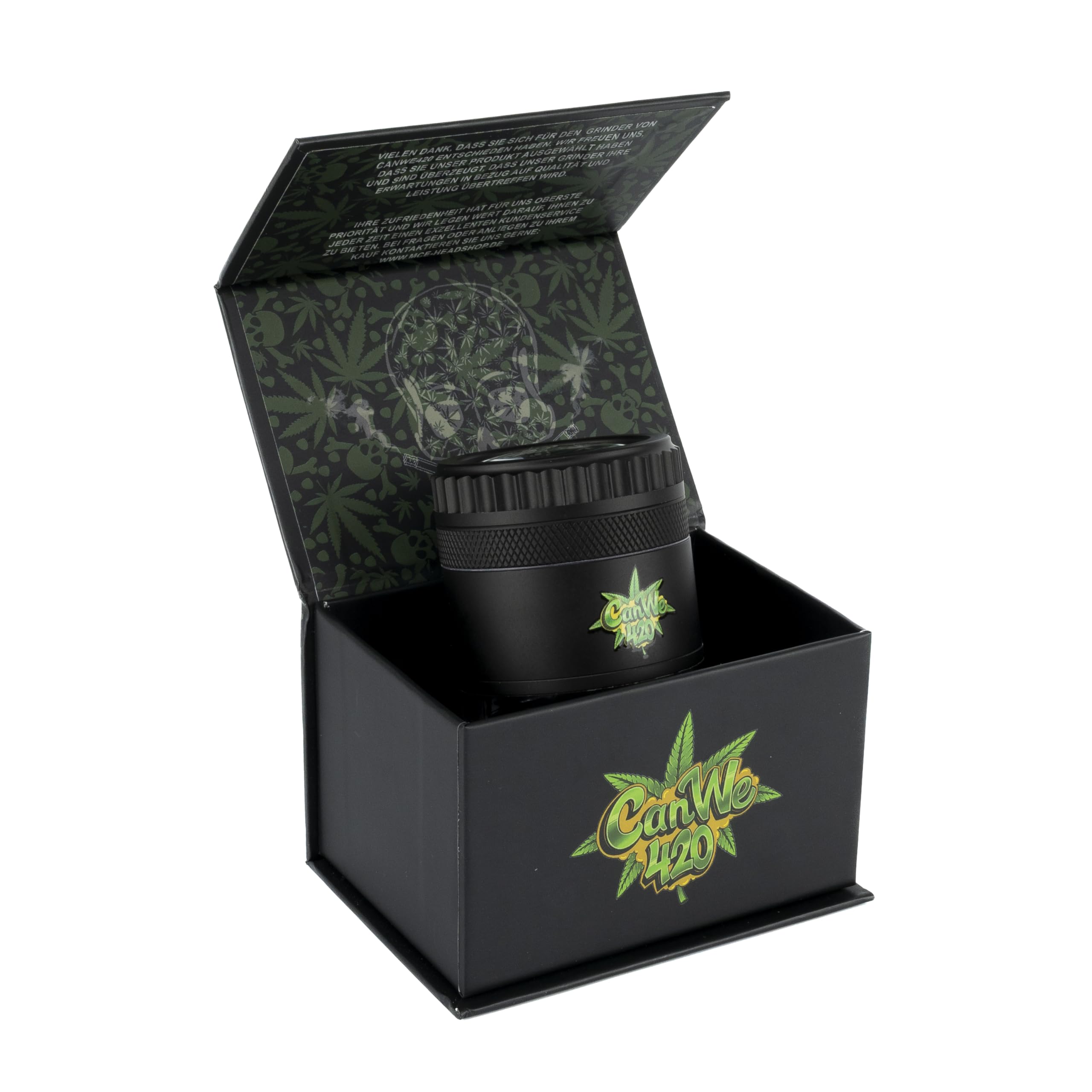 CanWe420 Aluminium Grinder [Mit Lupe & Sichtfenster] – 4-teiliger Metallgrinder Schwarz (inkl. Pollensieb & Magnetdeckel) – Grinder für Kräuter & Blüten (Effizient & Präzise)