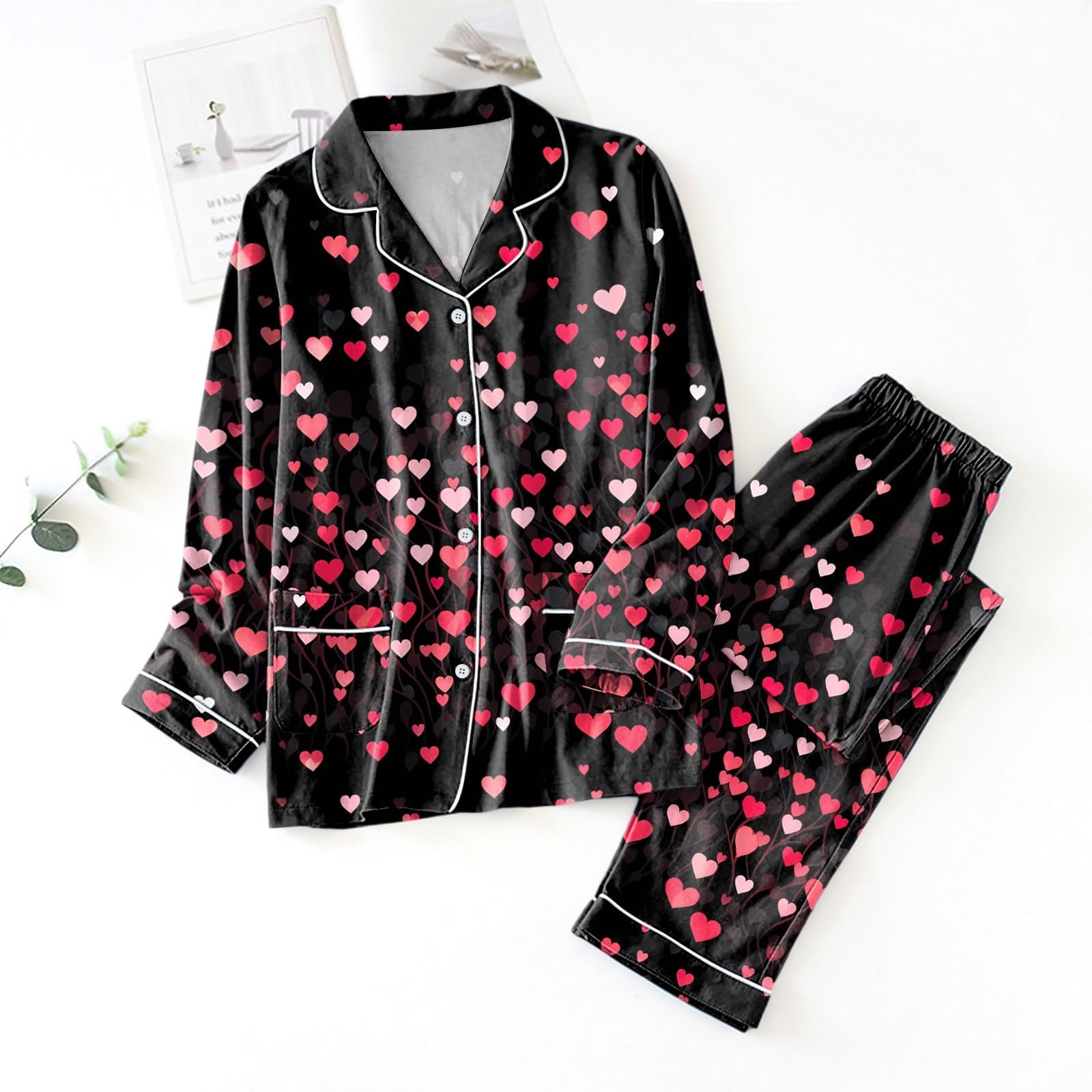 Générique Pyjamas Femme Ensemble Assorti Vacances Long Satin Boutonné Classique avec Poches Nuit Confortable Tenue Détente Soirée Cadeau