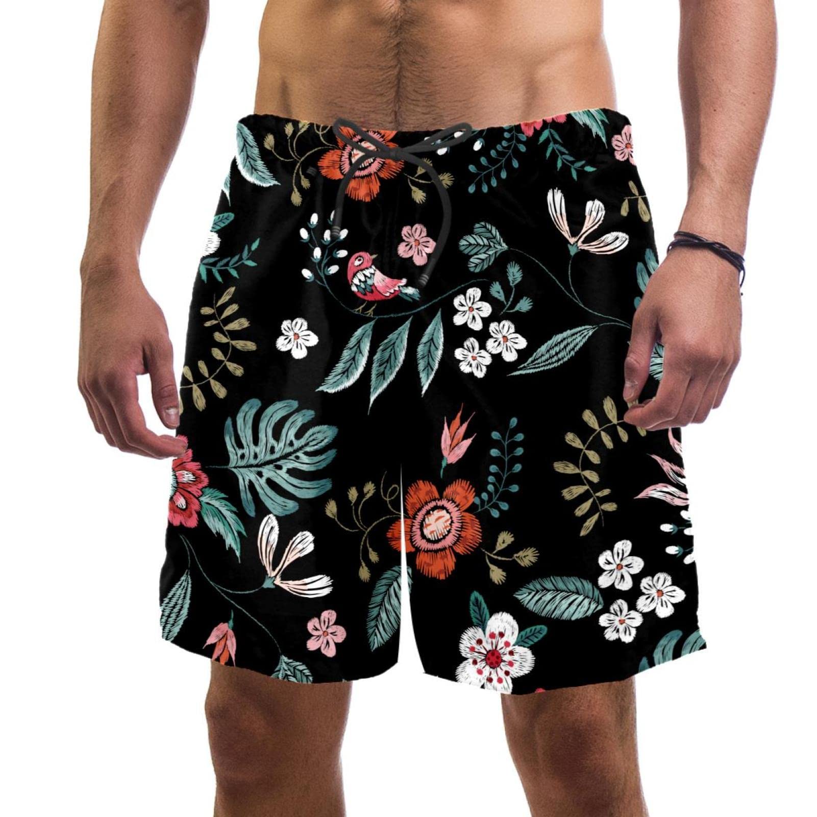Maillots de bain pour hommes à motif floral d'oiseaux et short de plage léger JDEZ