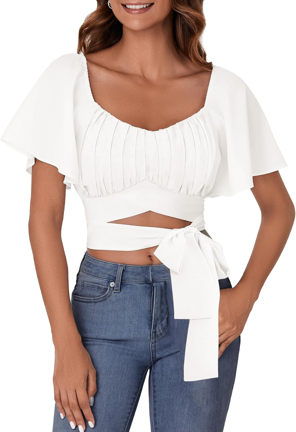 Rooscier Women's Ruched Wrap Ruffle Flare Short Sleeve Square Neck Self Tie Crop Top Blouse - Image 3