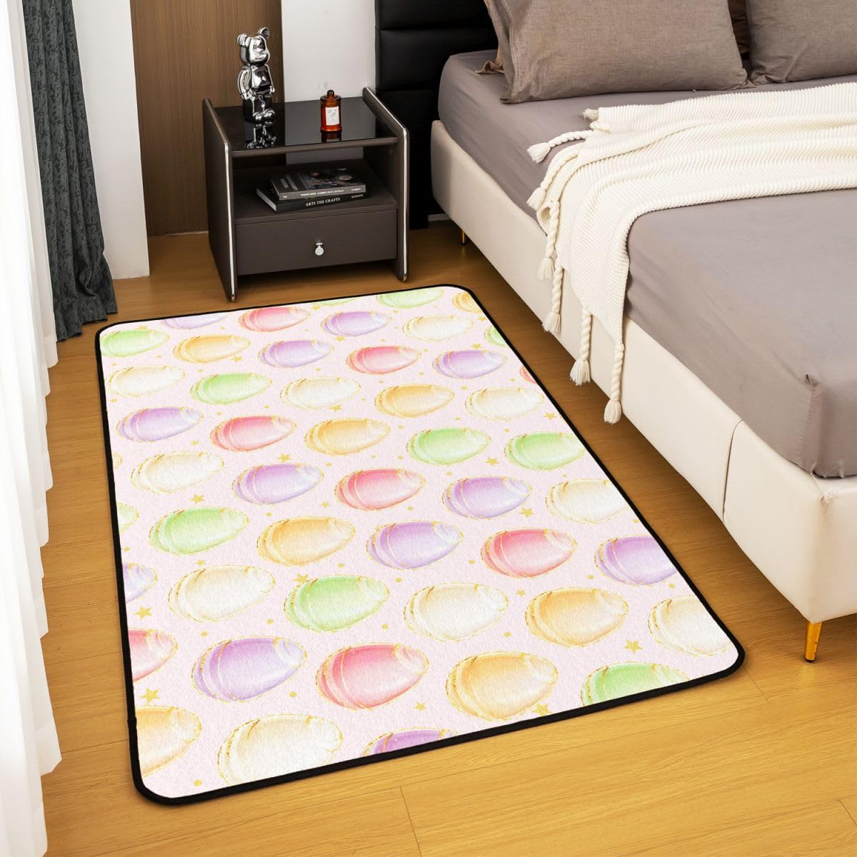 Manfei Alfombra antideslizante con diseño de huevos coloridos de Pascua, con estampado de estrellas y purpurina dorada, con diseño de huevos de arco iris, alfombra de entrada, color rosa dulce