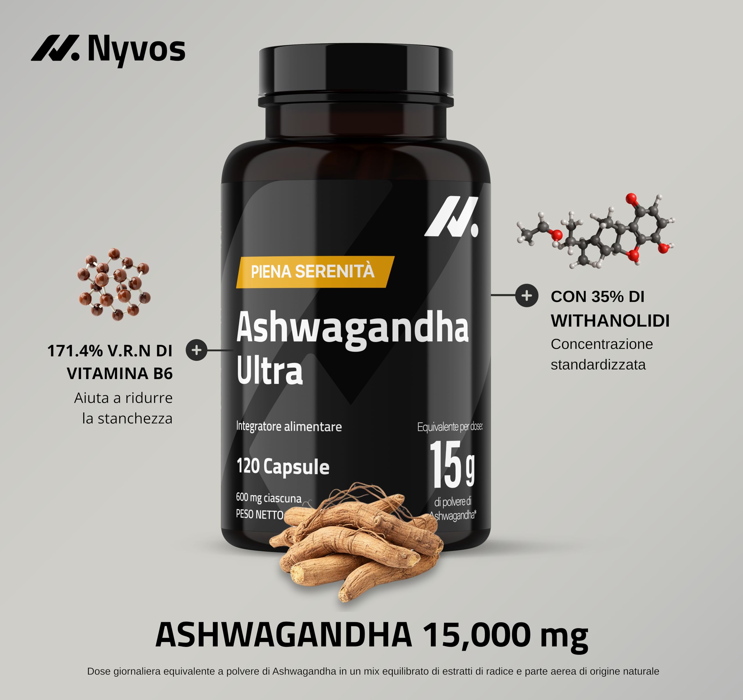 Ashwagandha Shoden Ultra® 35% di withanolidi – 15.000 mg equivalenti | 7x più concentrata rispetto all’Ashwagandha KSM-66 | Supporto alla concentrazione, al sonno profondo e all’energia | 120 capsule