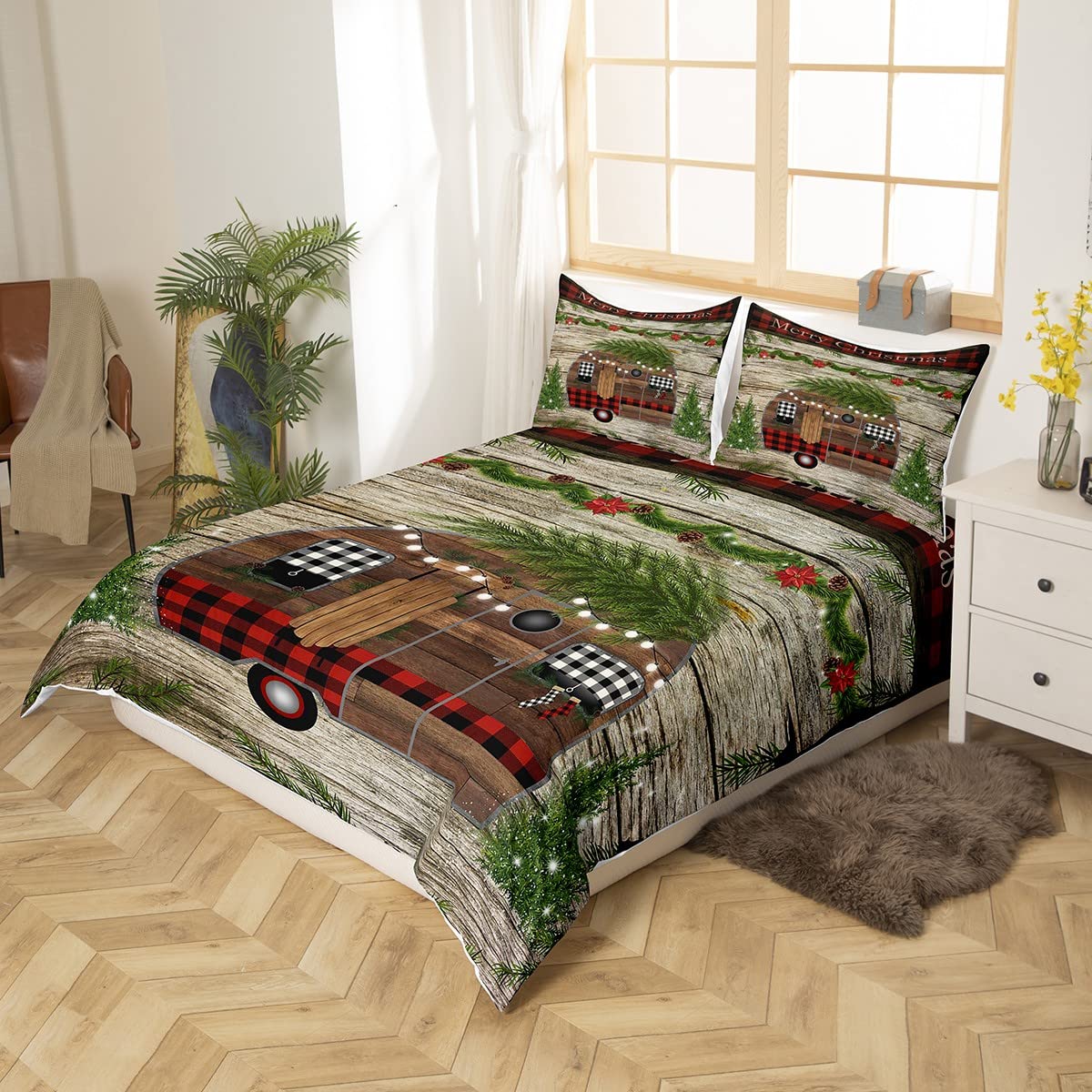 Juego de ropa de cama de coche de camping a cuadros de Merry Christmas para caravana, vintage de viaje con funda de edredón de árbol de pino de Navidad, juego de cama rústico de estilo granja marrón,