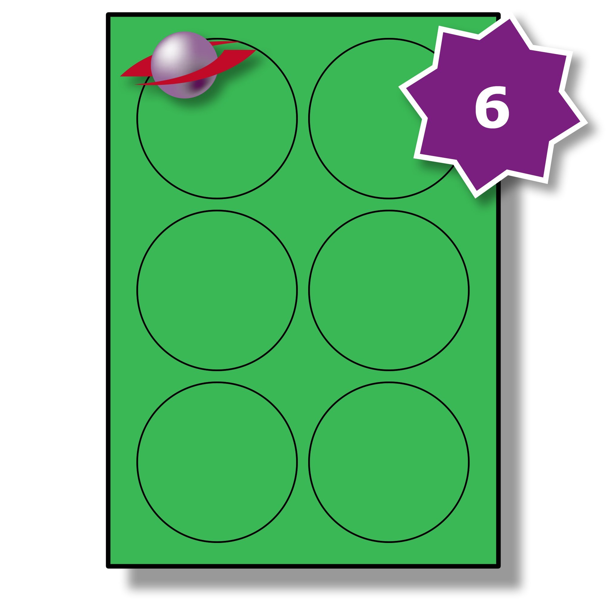 Label Planet® 6 Per Page/Sheet, 500 Sheets (3000 Large Green Round Sticky Labels), Matt Permanent A4 Circular Coloured Stickers, LP6/85RC, 85MM Diameter Circles, for All Uses