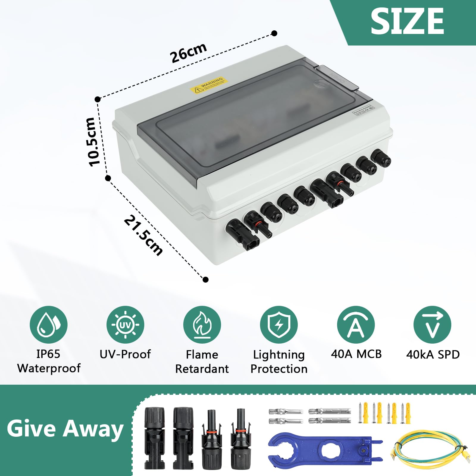 Protezione da Sovratensione PV Solare con Fusibile, Scaricatore di Sovratensione DC 40A/1000V, 2 In 2 Out Interruttore Automatico DC Protezione Contro I Fulmini, IP65 Impermeabile
