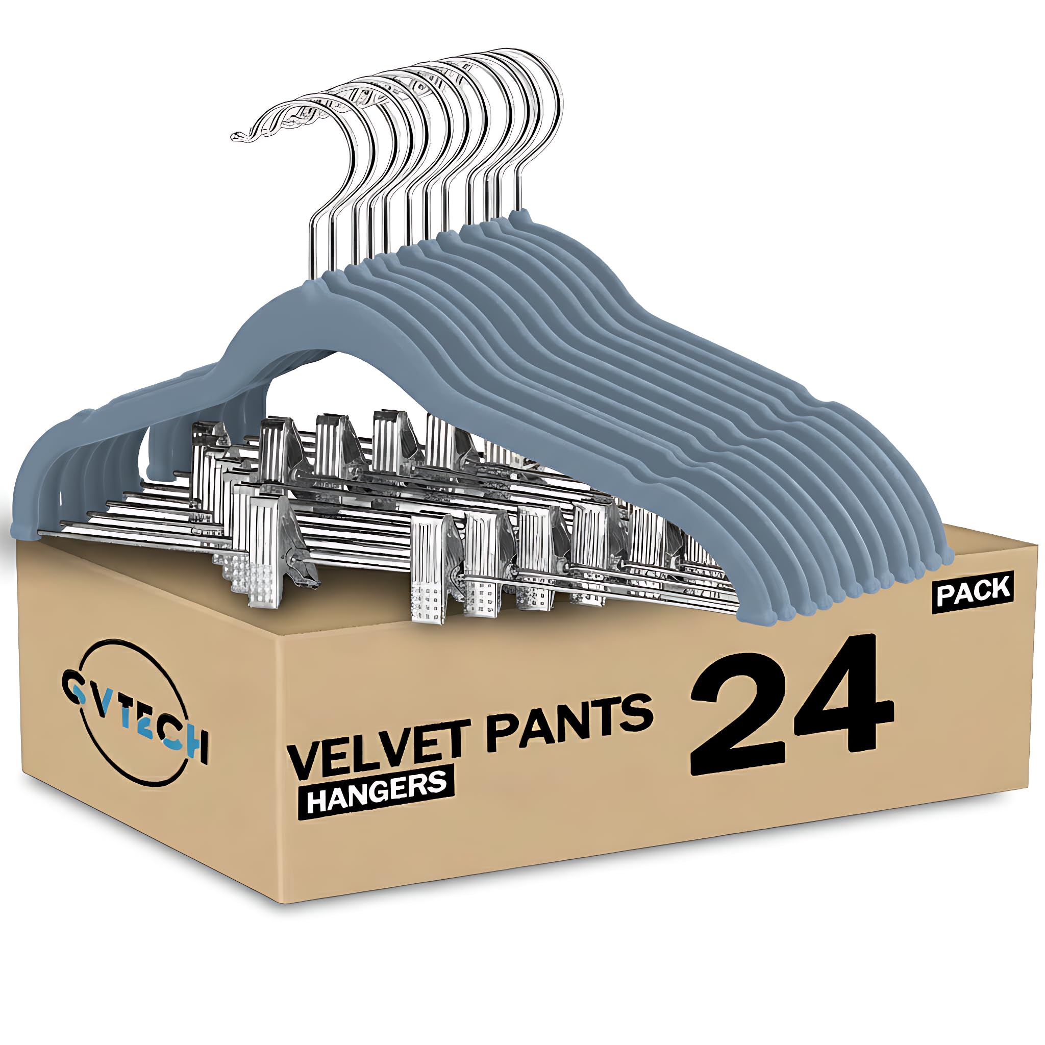 GVTECH Perchas de terciopelo con clips, [24 unidades] Perchas de clip de metal para pantalones, perchas con muescas para pantalones, faldas, trajes, vestidos y camisas, gancho giratorio de 360°