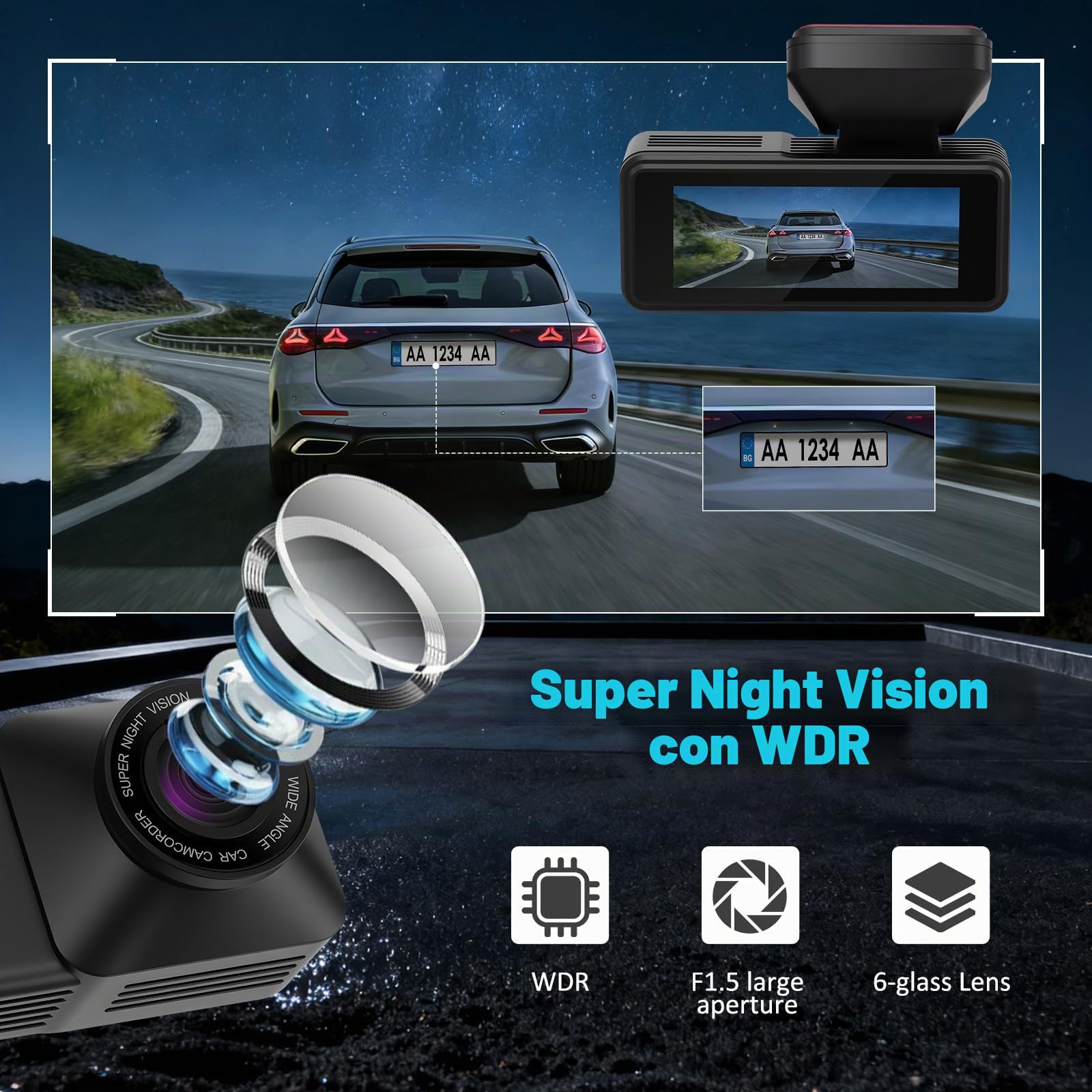 Dashcam Coche 4K Delantera Trasera 1080P,170° Gran Angular,Visión Nocturna | Cámara de Coche Doble Lente, Modo Aparcamiento G-Sensor, Tarjeta SD 64GB, Instalación Fácil