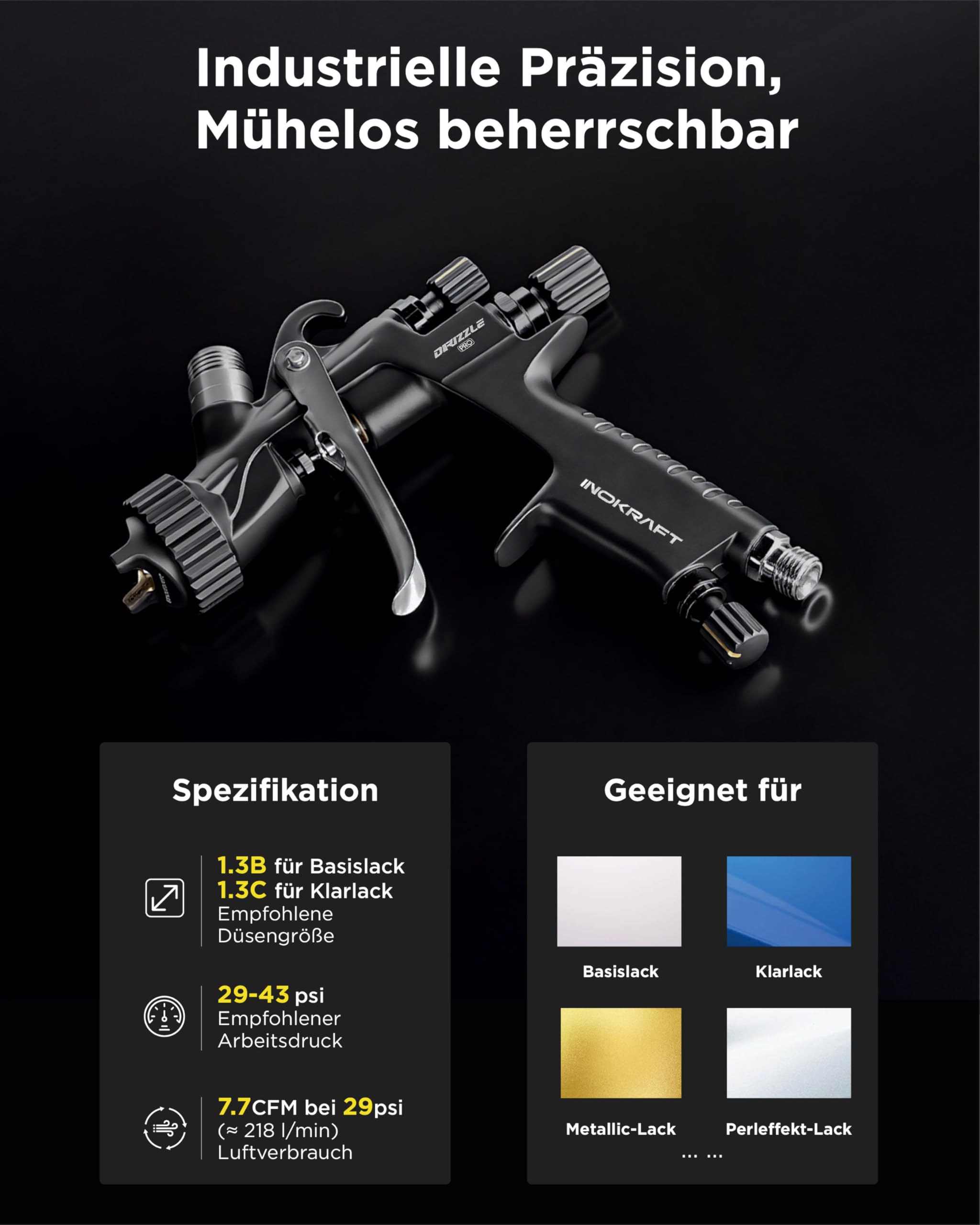 InoKraft Drizzle Pro LVLP Lackierpistole – Professionelles Farbsprühsystem, extrem leicht (340 g), Low-Overspray, 1.3B/1.3C Düsenkit – für Auto, Wandfarbe & Industrie