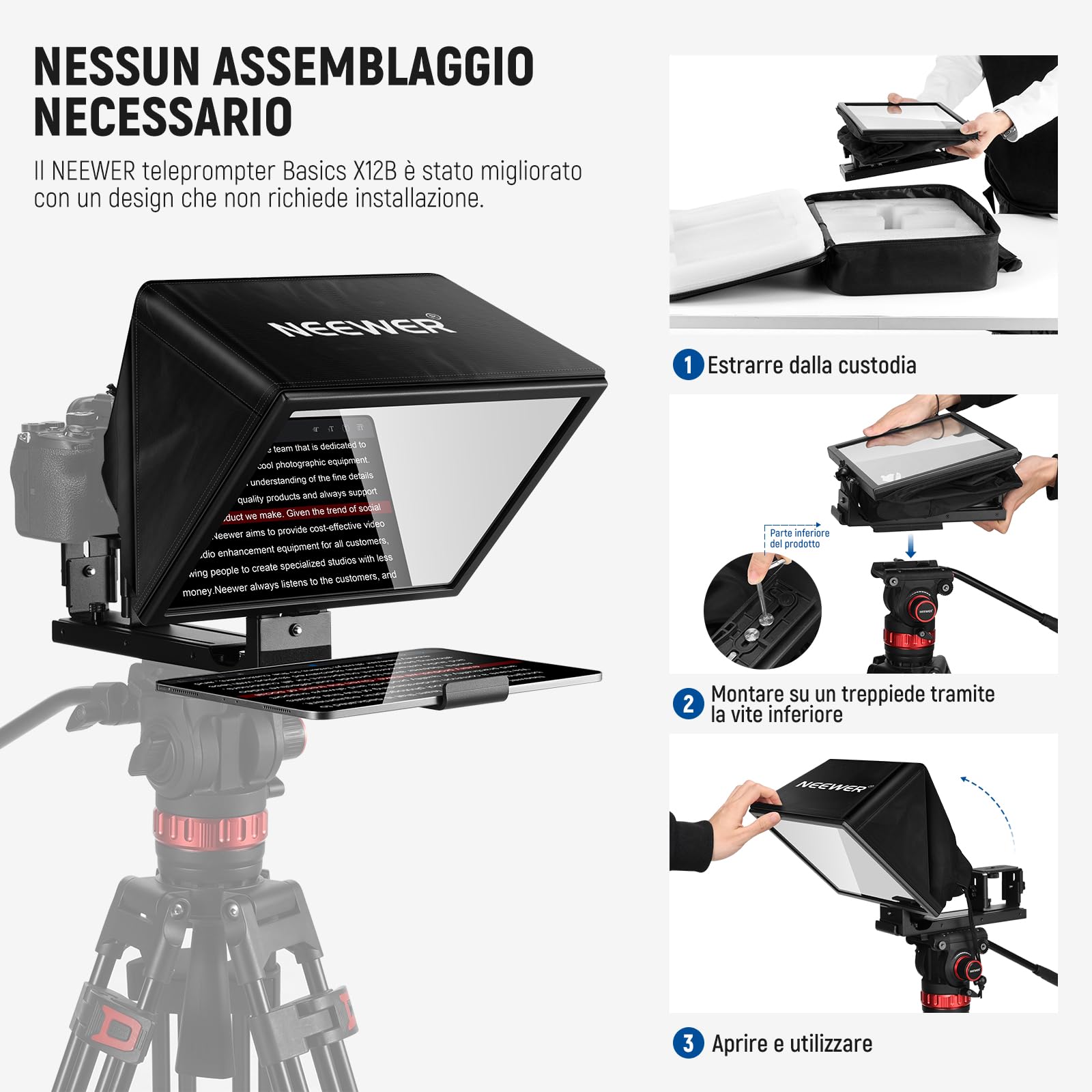 NEEWER BASICS X12B Teleprompter Sollevabile in Lega Alluminio da 12" Compatibile con iPhone iPad Tablet Telefono Fotocamera, Controllo Telecomando/App, Panno Pulizia, per Corso Online Streaming Live