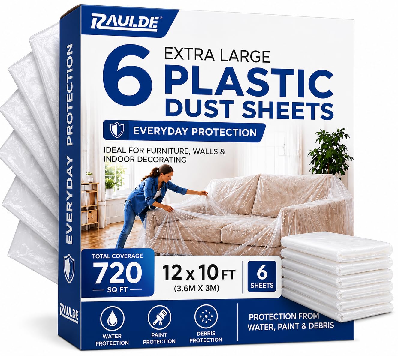 Raulde Everyday - 6 Pack 6 Pack Extra Large Plastic Dust Sheets For Decorating 3.6 X 3M (12 X 10Ft) - Dust Sheet For Painting & Furniture - Plastic Sheet - Floor Covering For Painting - Dust Cover - Home Improvement