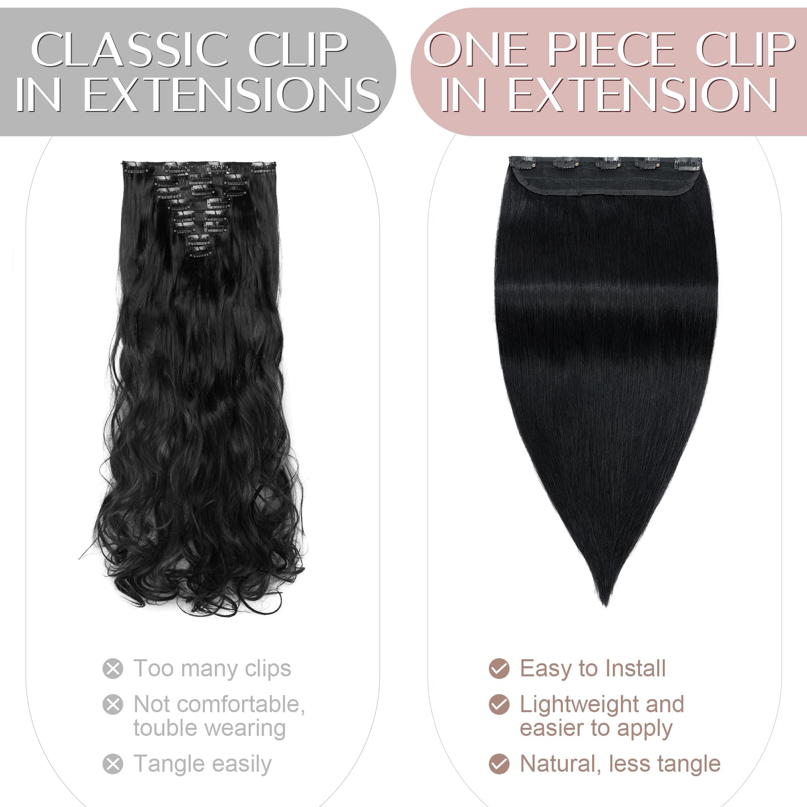 20"(50cm) SEGO Extensiones de Clip de Pelo Natural Una Pieza GRUESA con 5 Clips [#1 Negro Intenso] Remy Cabello Humano Liso (95g) - 4