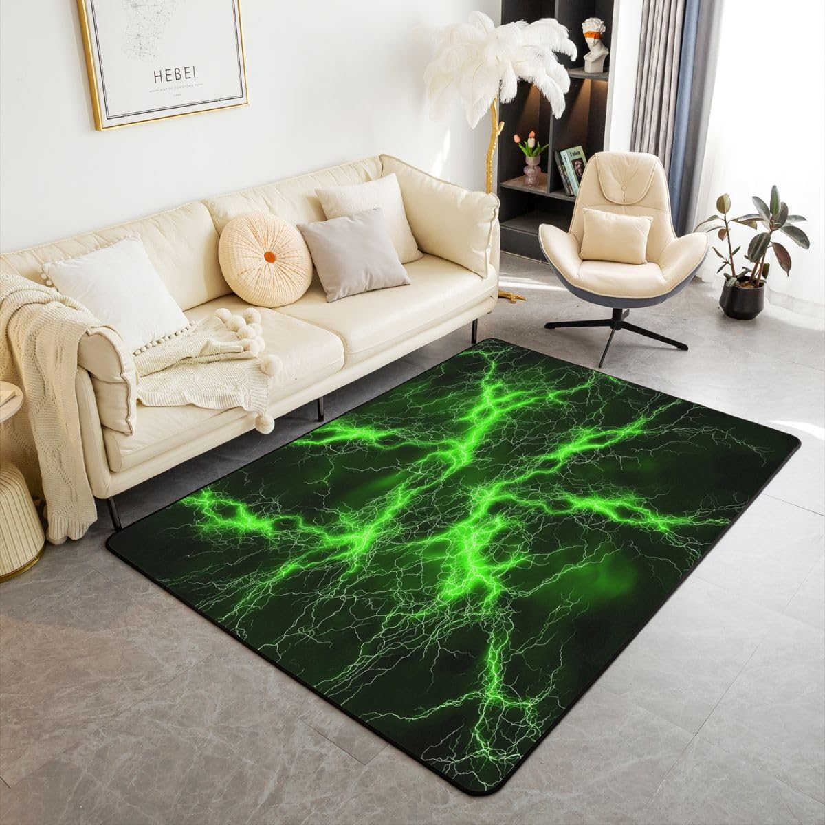 Loussiesd Tapis Salon 100x150cm Vert CorlNoir Tapis Chambre Exterieur Intérieur Lightning Antidérapant,Doux Géométrique pour Salon et Chambre Art Modernee Abstrait Lavable Luxe