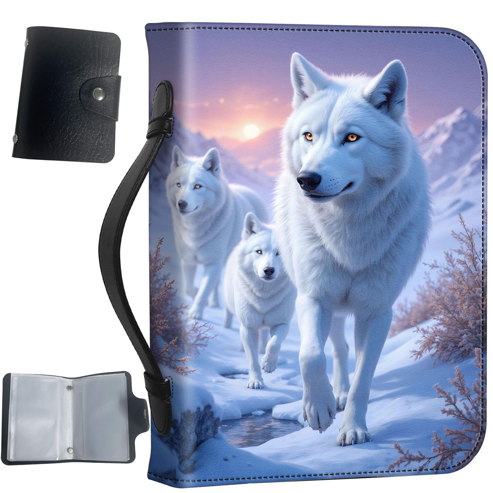 PU Leather Bible Cover with Handle & Pockets, Large Capacity Bible Case, Water-Resistant Scripture Organizer Bag with Bonus Card Holder, Christian Gift for Women & Men, White Wolves