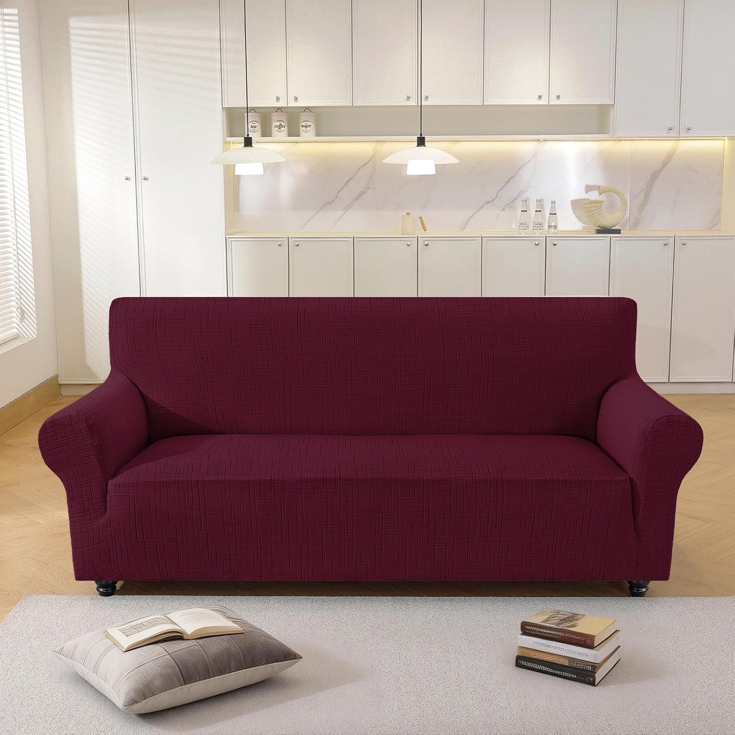 Stretch Couch Covers, Non Slip Loveseat Covers, Sofa Covers for 2 Cushion Couch, Couch Cover for Dogs Washable with Elastic Bottom, Sofa Slipcover for Kids, Dog(Sofa 57"-69", Burgundy)