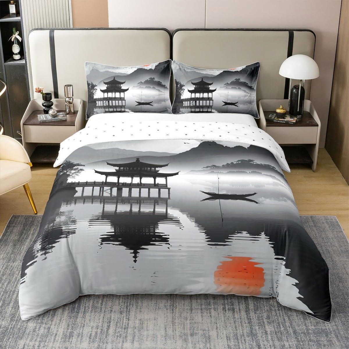 Loussiesd Japan Themed 100% Baumwolle Bettwäsche Set 135x200cm Jungen Mädchen Landschaft Bettbezug Set Für Kinder Frauen Männer Ultra Pavilion Betten Set Sonnenuntergang Bettwäsche-Set Betten Set