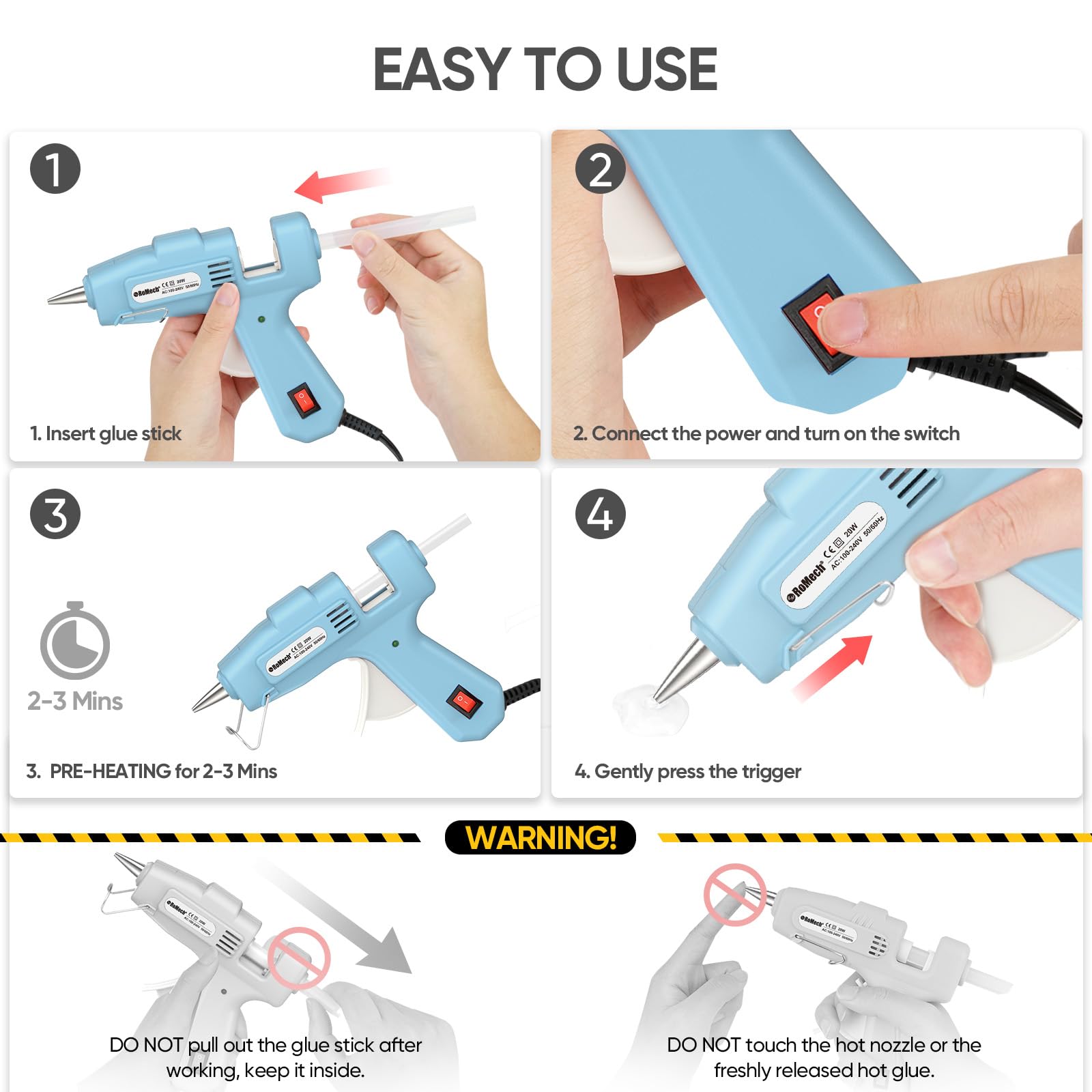ROMECH 20W Mini Hot Glue Gun with 30 Glue Sticks Set, Fast Preheating Hot Glue Gun Kit Heavy Duty Gluegun for Craft, DIY, Repairs (): Cyan