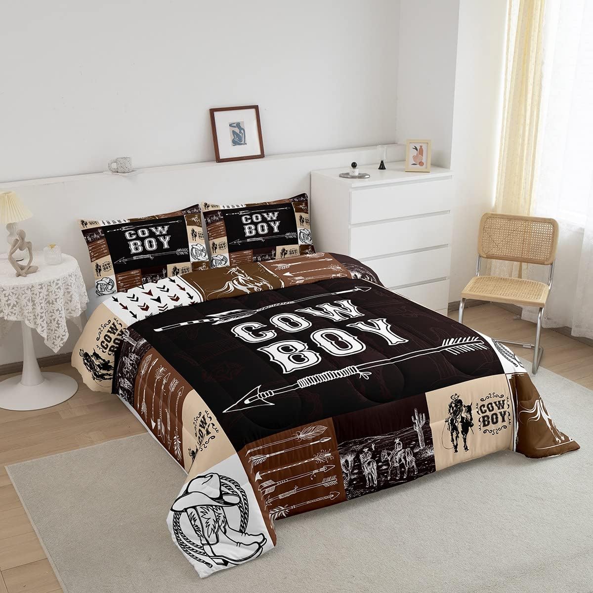 Western Cowboy Comforter Set Horse Twin Bedding Sets for Boys Men,Tribal Arrow Wild West Desert Bed Comforter Set Rustic Country Room Decor Cowboy Boots Grids Quilt Duvet Insert 1 Pillow Case - Image 2
