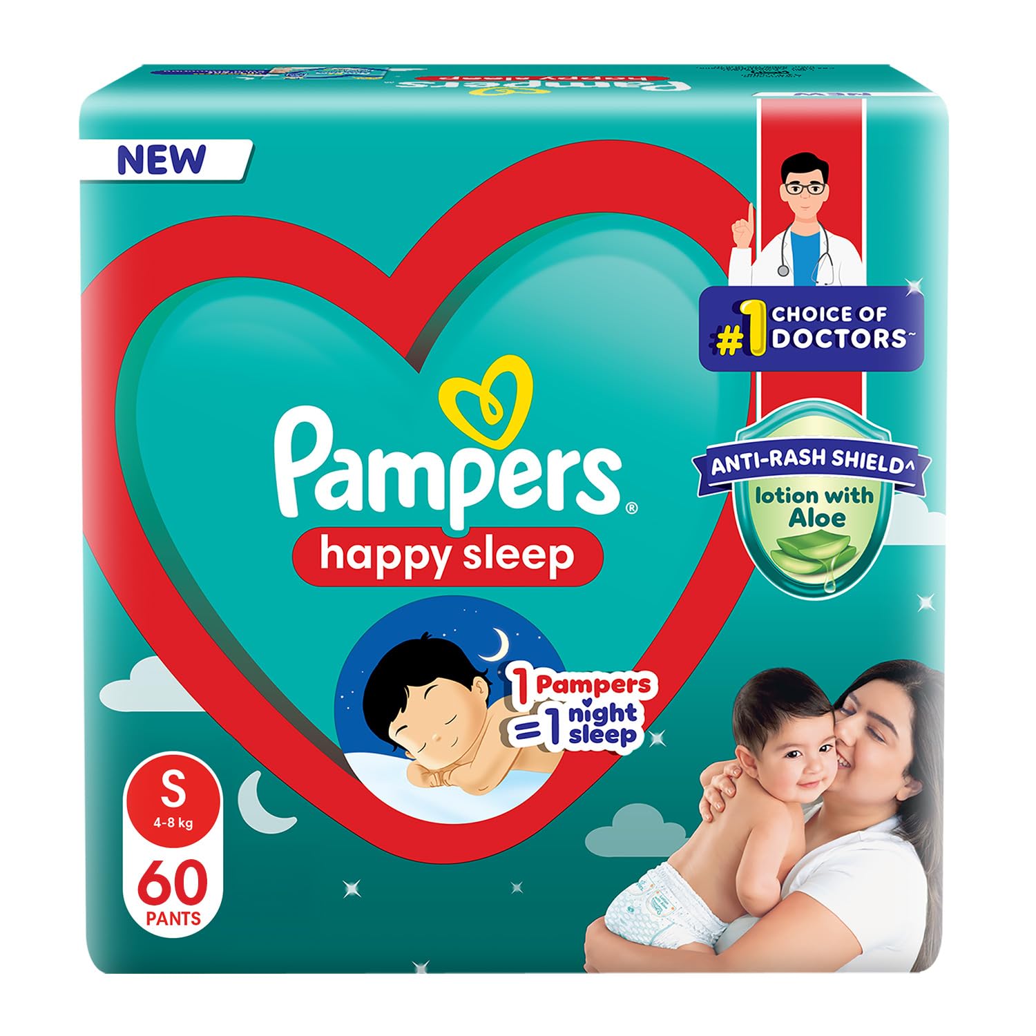 Pampers Happy Sleep Pant Style Baby Diapers, Small (S), 62 Count, 1 Pampers = 1 Night Sleep, with Anti Rash Shield, 4-8 Kg Diapers