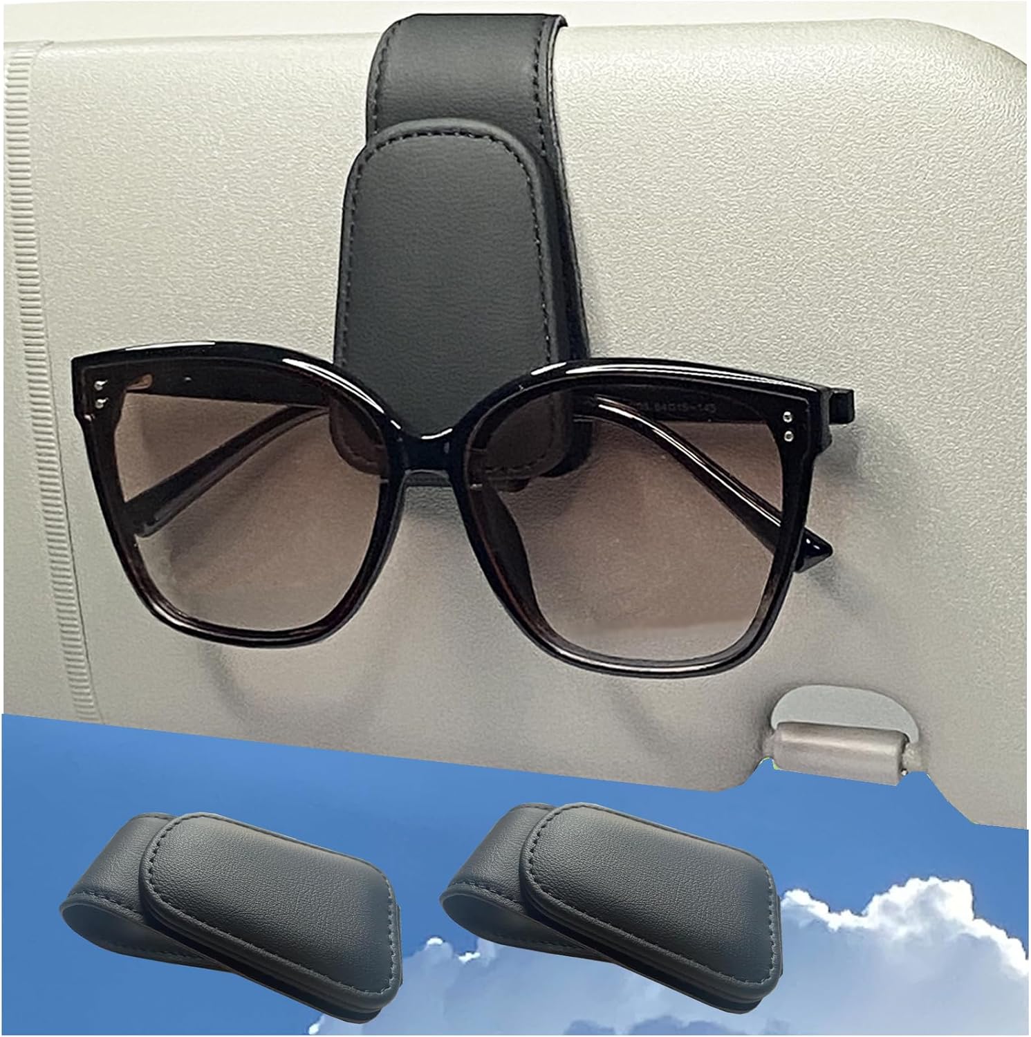 CHOSMOYI 2 Packs Sunglasses Holder for Car, Sunglass Clip for Car Visor, Magnetic Leather Car Eyeglass Holder and Ticket Card Clip, Suitable for Different Size Eyeglasses(Black