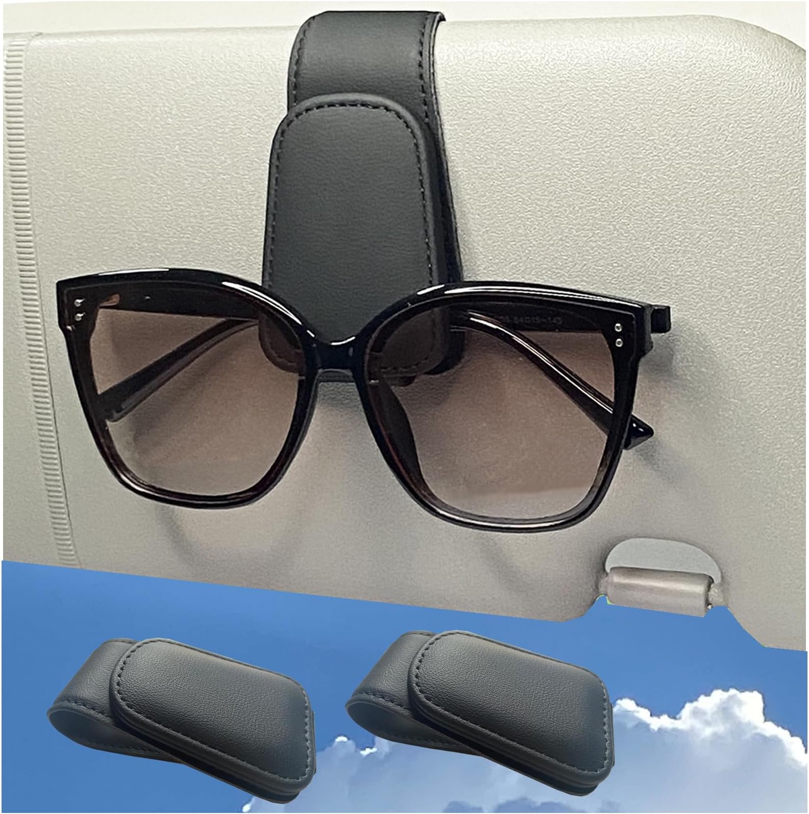 TOBY'S 2 Packs Sunglasses Holder for Car, Sunglass Clip for Car Visor, Magnetic Leather Car Eyeglass Holder and Ticket Card Clip, Suitable for Different Size Eyeglasses(Black