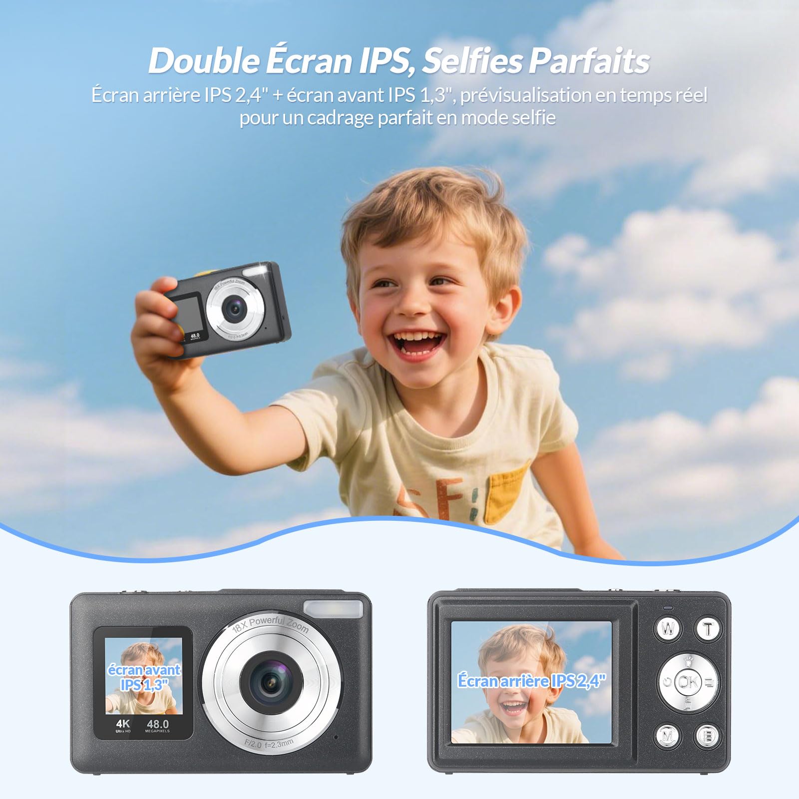 Appareil Photo Numérique Double Écran Vlogging USB-C