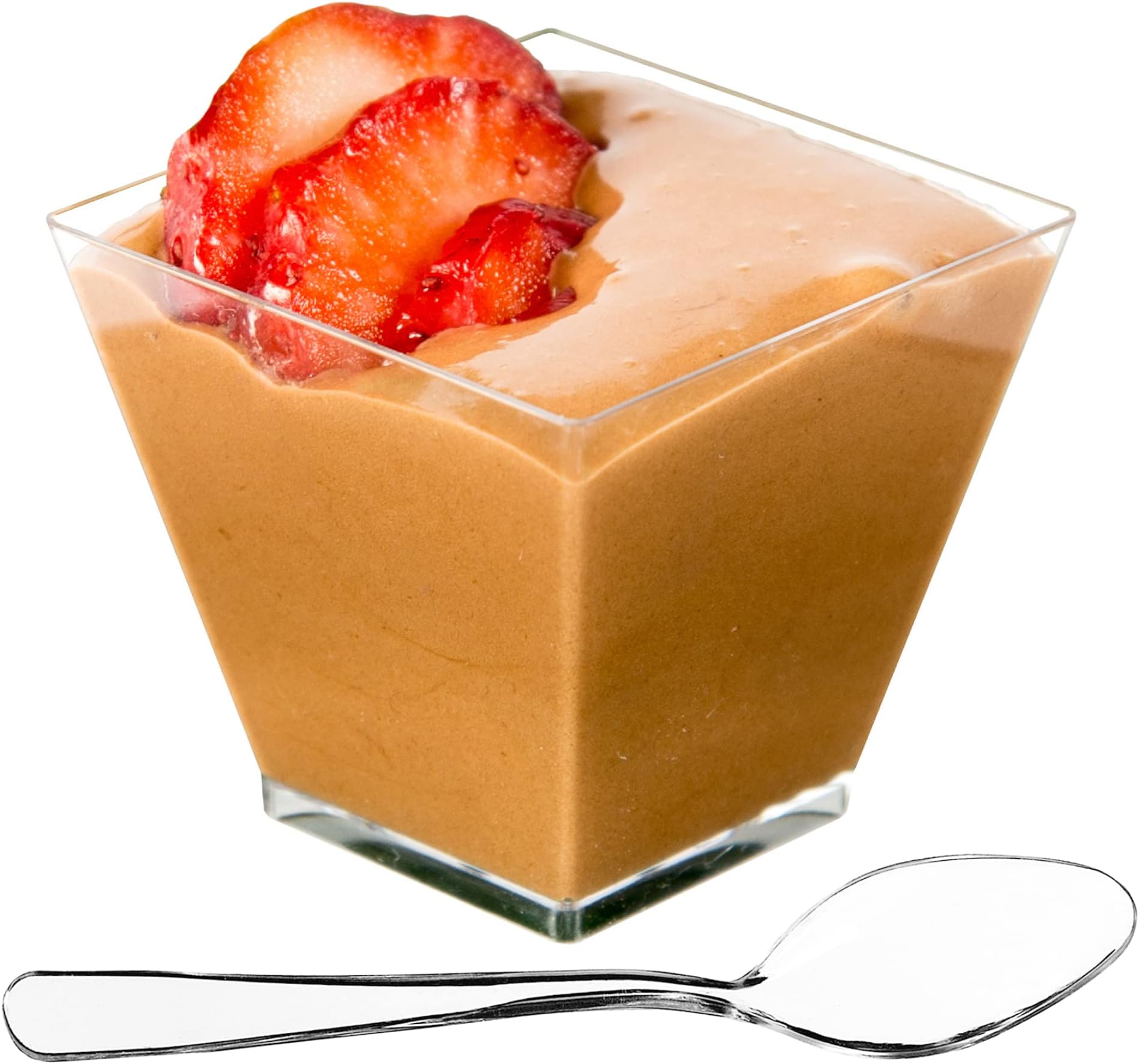 50 x 3.5oz Square Mini Dessert Cups with Spoons, Clear Plastic Parfait Appetizer Cup - Small Reusable Serving Bowl for Tasting Party Desserts Appetizers - With Recipe Ebook